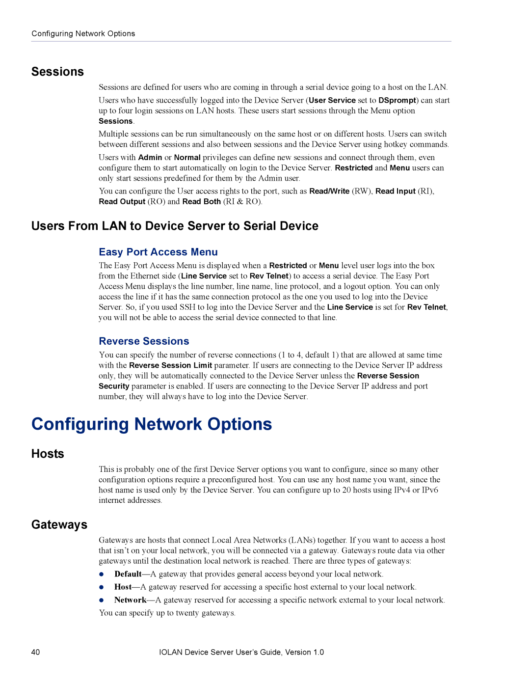 Perle Systems DS1 Configuring Network Options, Sessions, Users From LAN to Device Server to Serial Device, Hosts, Gateways 