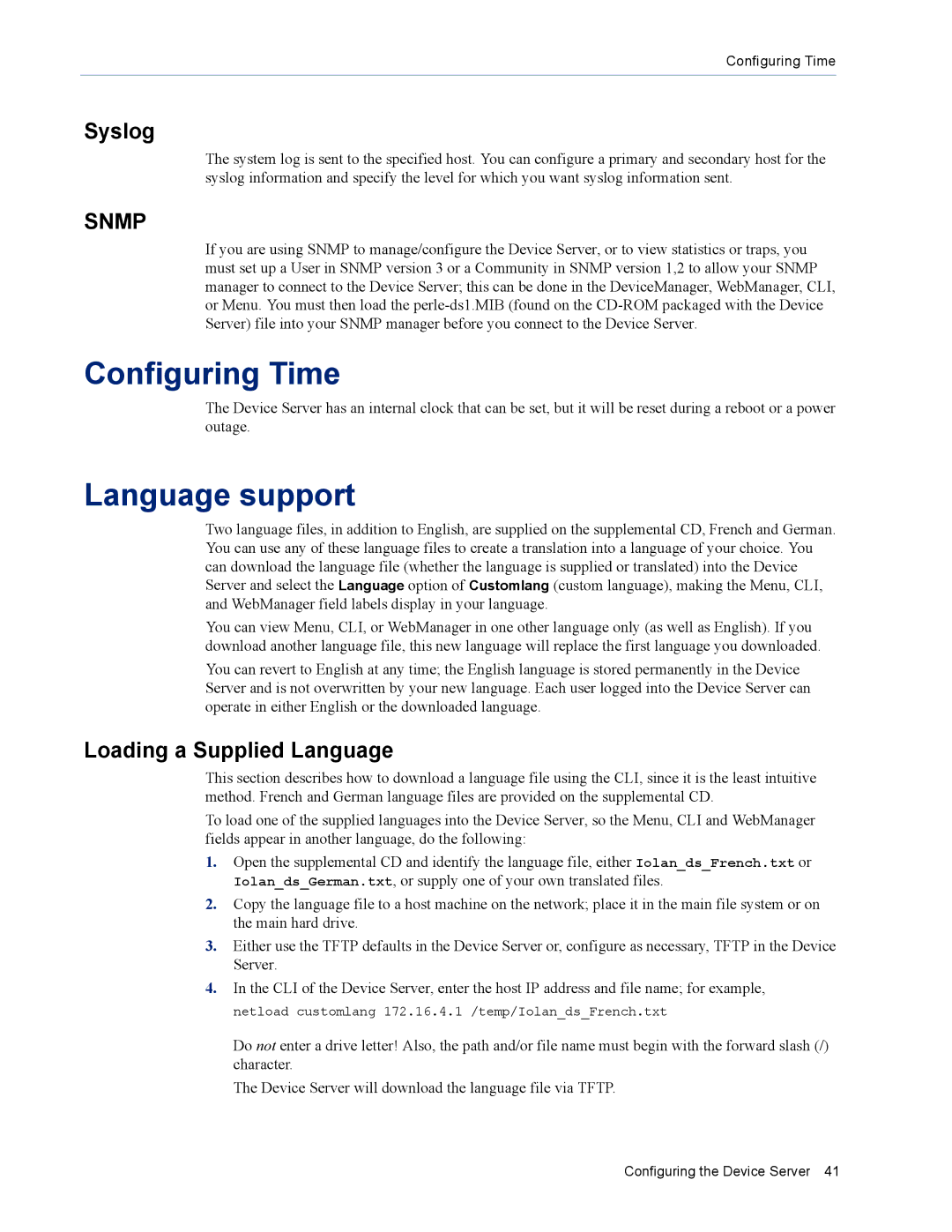 Perle Systems DS1 manual Configuring Time, Language support, Syslog, Loading a Supplied Language 