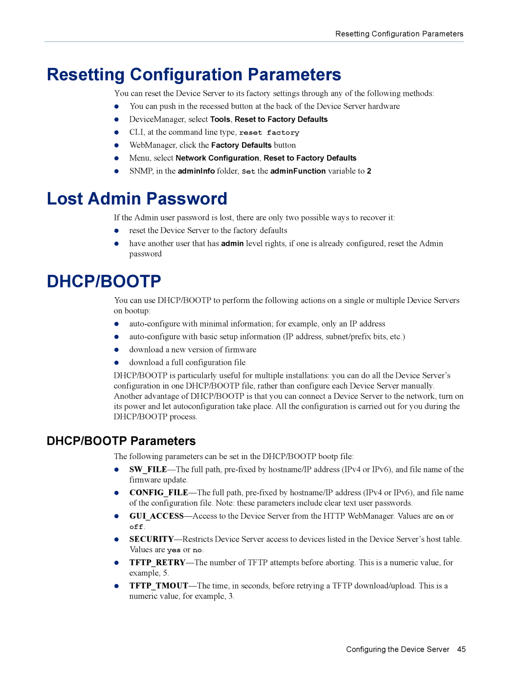 Perle Systems DS1 manual Resetting Configuration Parameters, Lost Admin Password, DHCP/BOOTP Parameters 