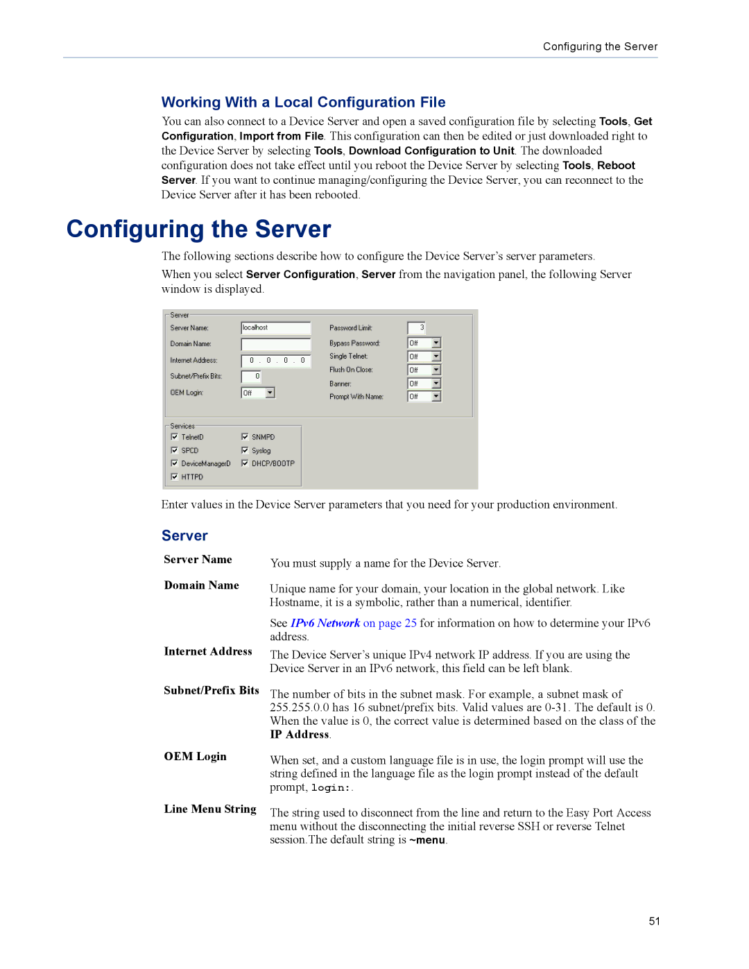 Perle Systems DS1 manual Configuring the Server, Working With a Local Configuration File, OEM Login Line Menu String 