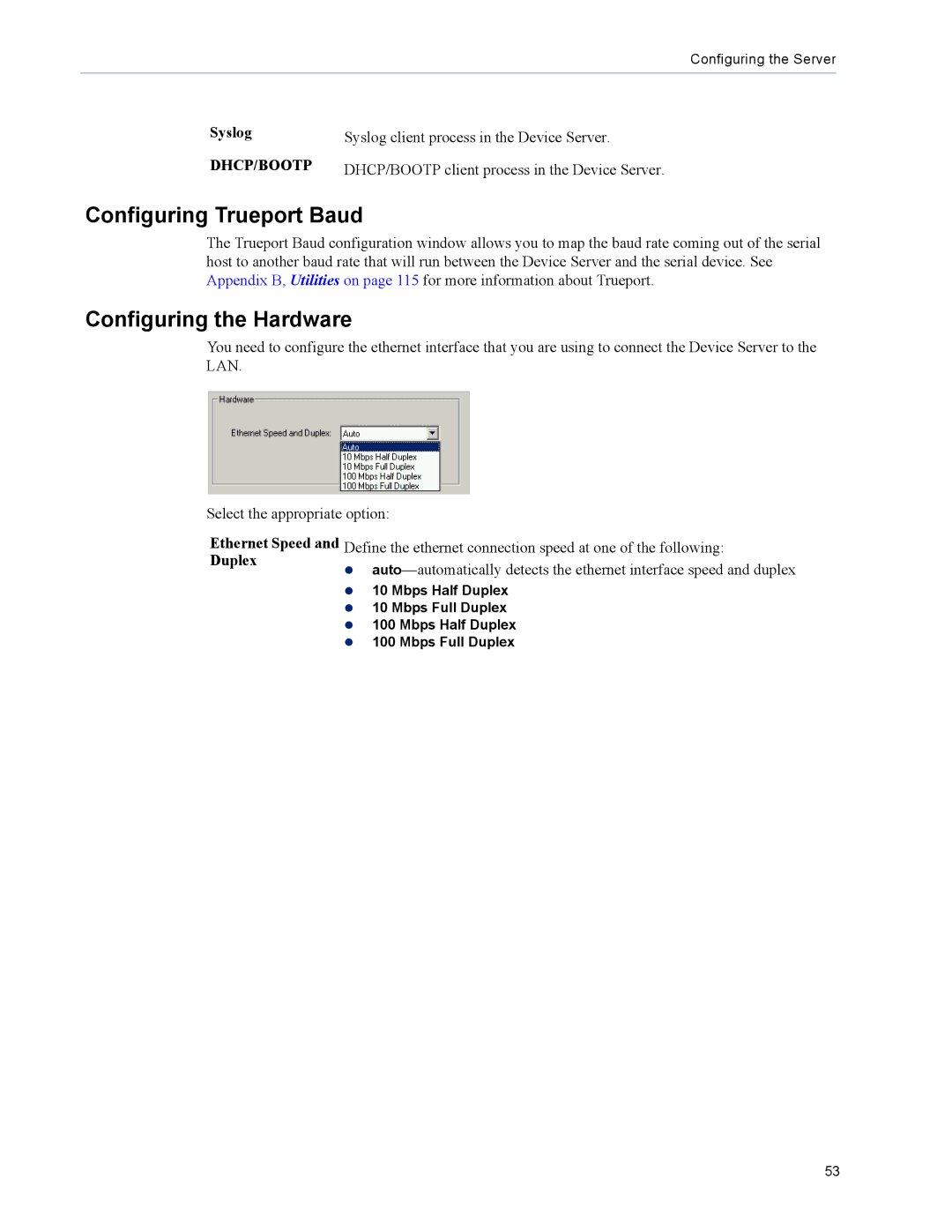 Perle Systems DS1 Configuring Trueport Baud, Configuring the Hardware, Syslog Syslog client process in the Device Server 