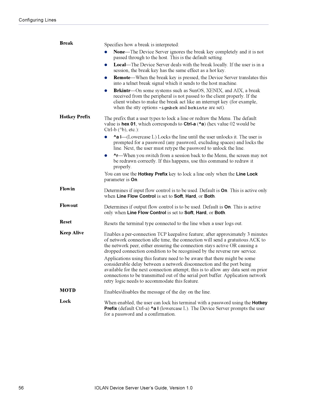 Perle Systems DS1 manual Break Hotkey Prefix Flowin Flowout Reset Keep Alive, Lock 