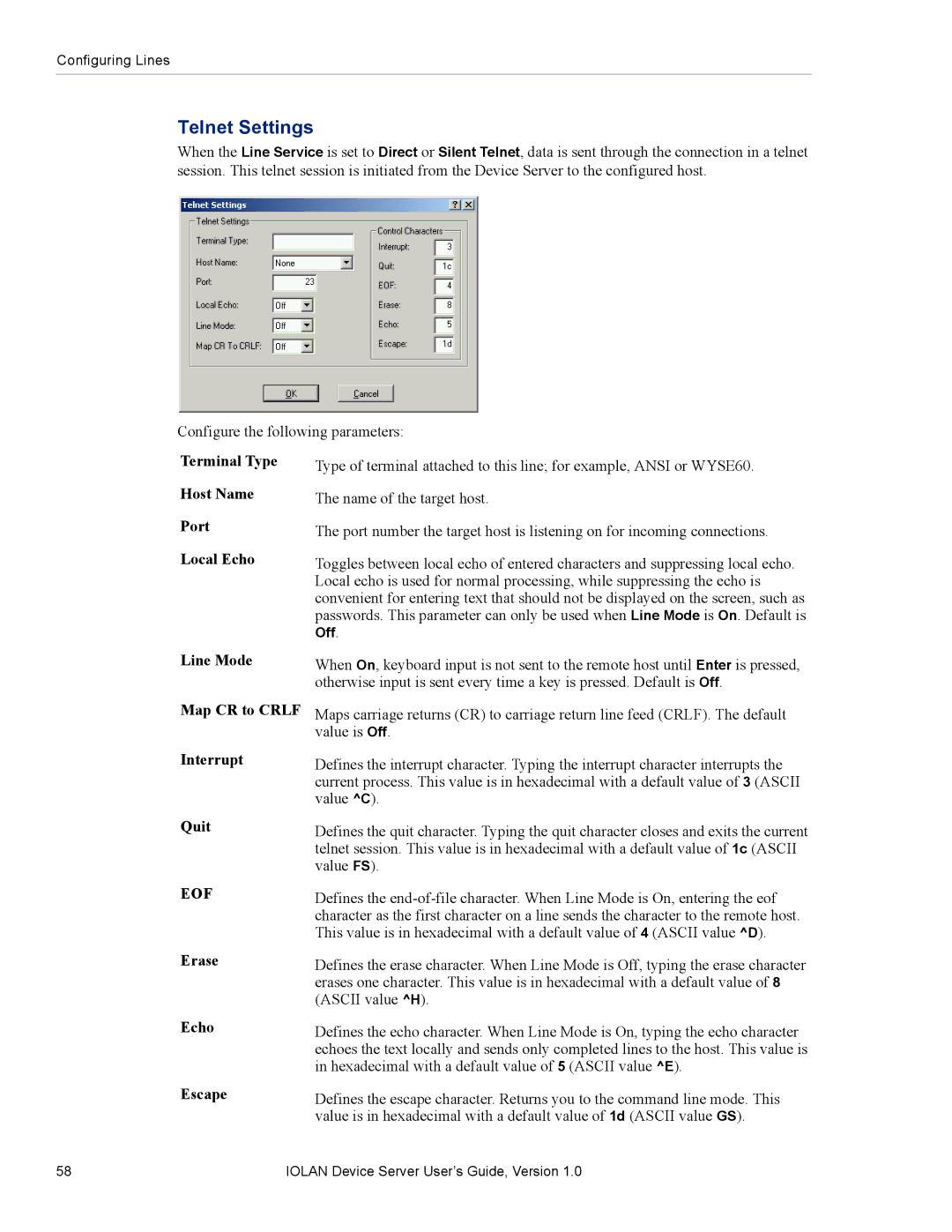 Perle Systems DS1 manual Telnet Settings, Erase Echo Escape 