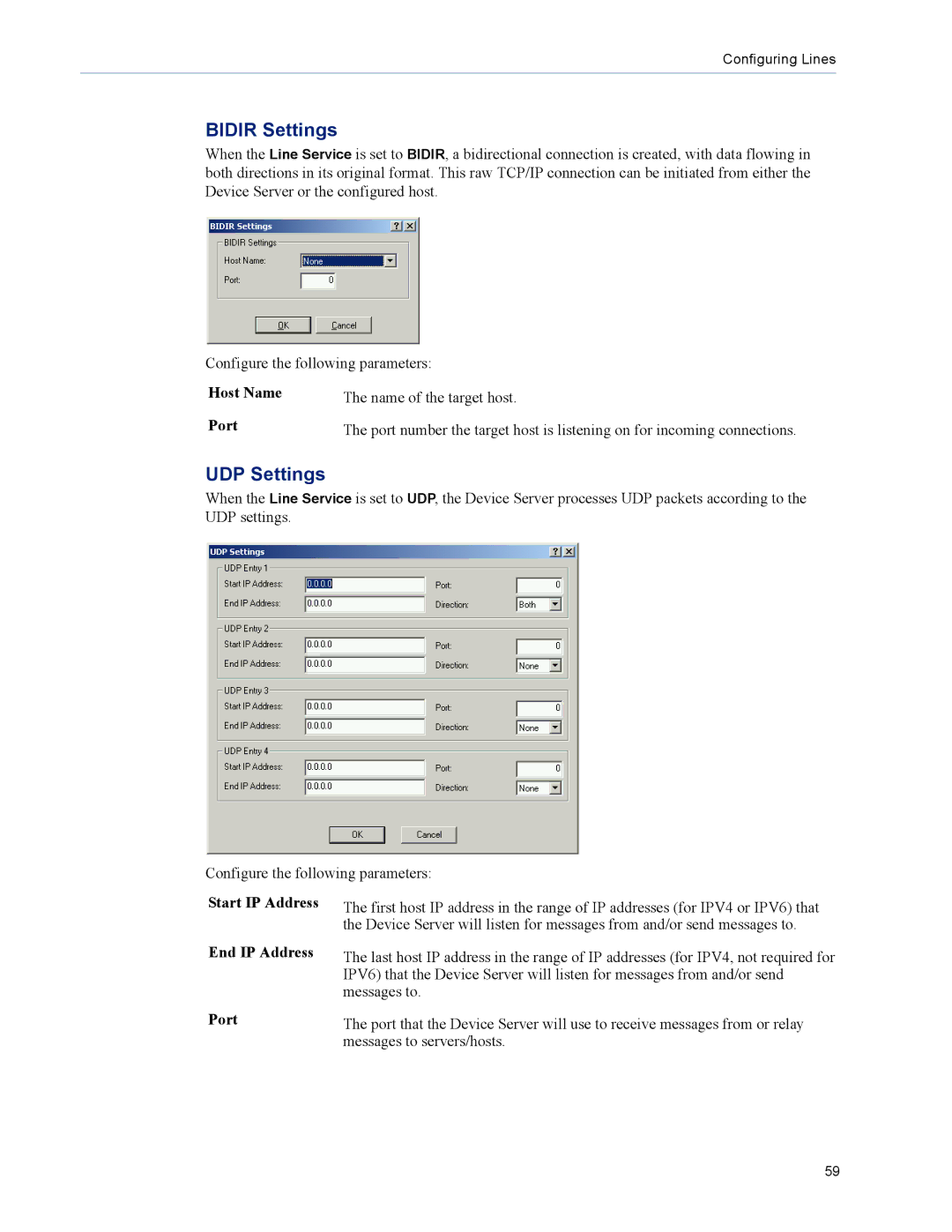 Perle Systems DS1 manual Bidir Settings, UDP Settings, Start IP Address End IP Address Port 