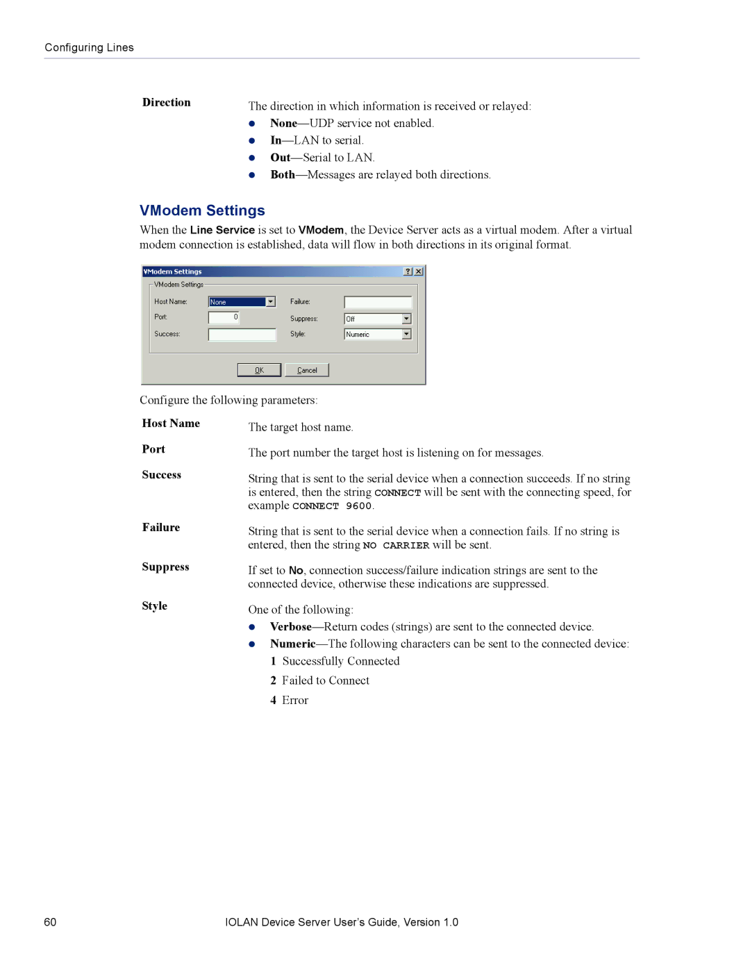 Perle Systems DS1 manual VModem Settings, Direction, Host Name Port Success Failure Suppress Style 