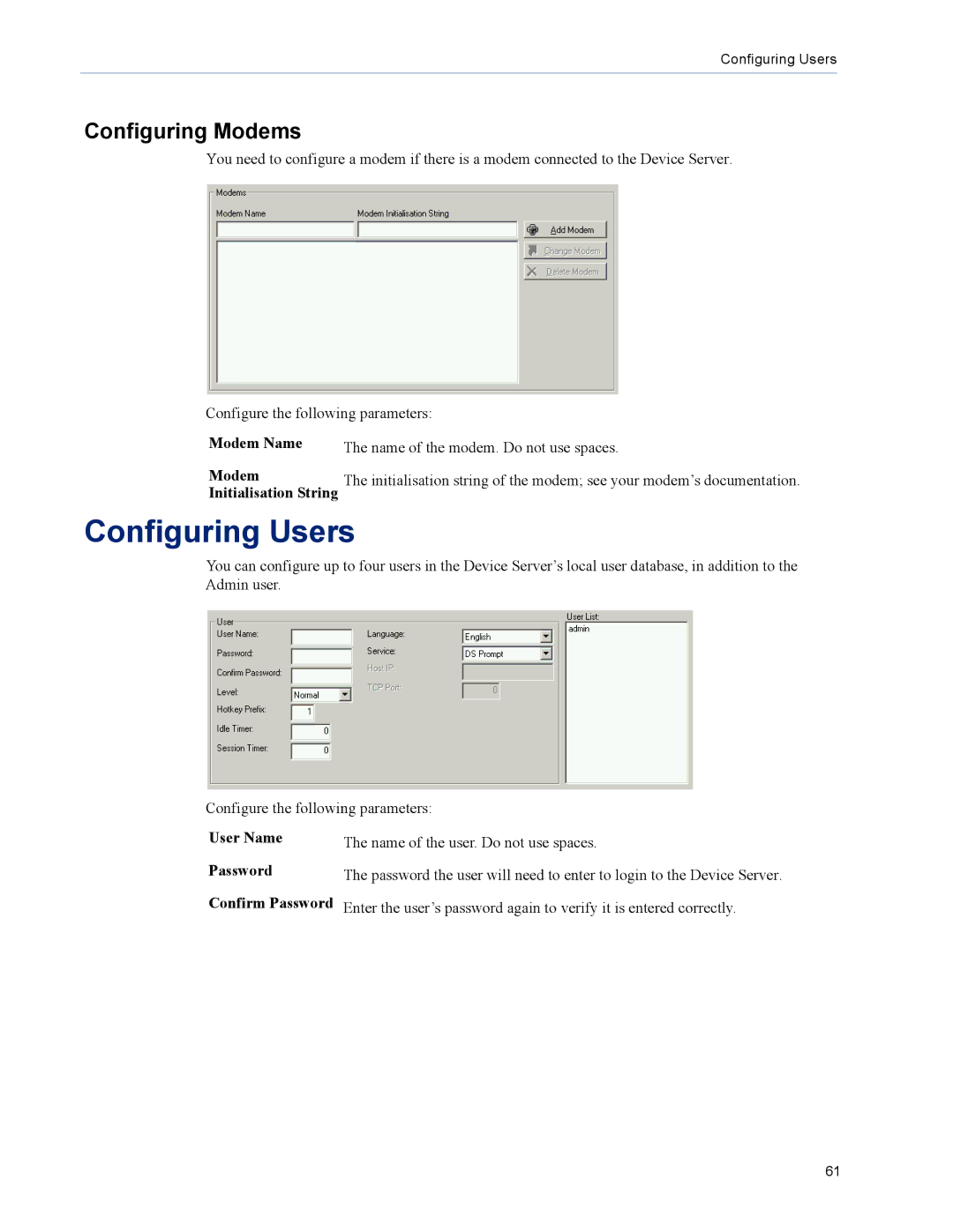 Perle Systems DS1 manual Configuring Users, Configuring Modems 