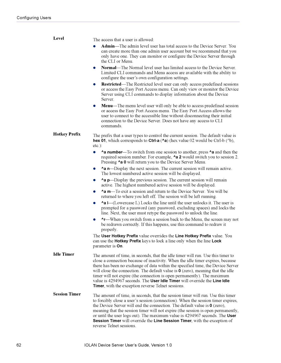 Perle Systems DS1 manual Level Hotkey Prefix Idle Timer Session Timer 