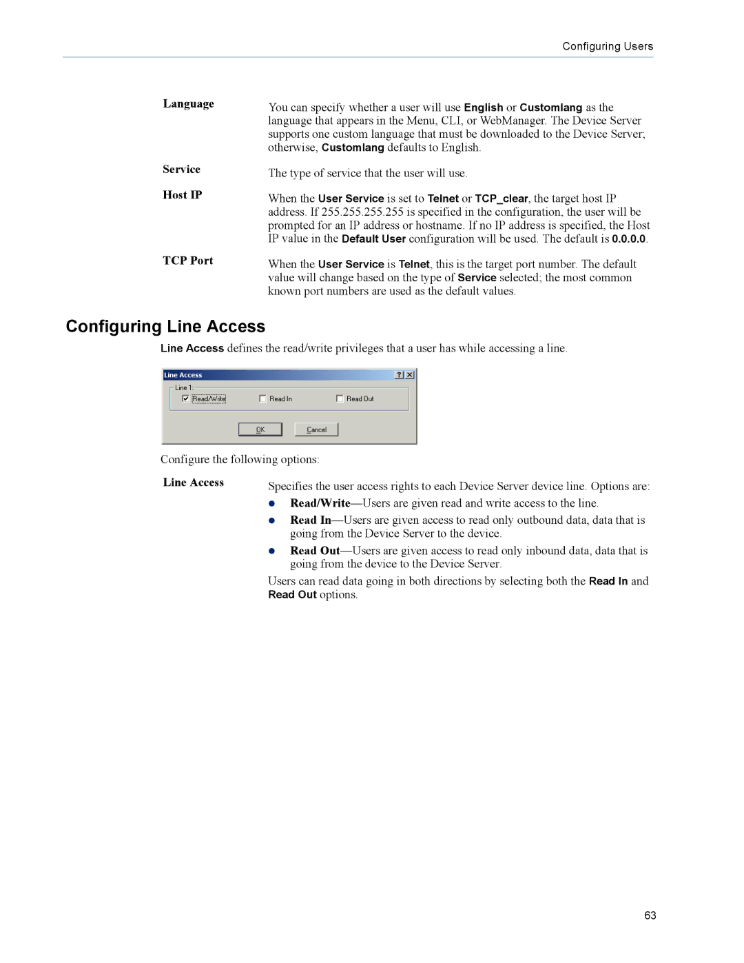 Perle Systems DS1 manual Configuring Line Access, Language Service Host IP TCP Port 