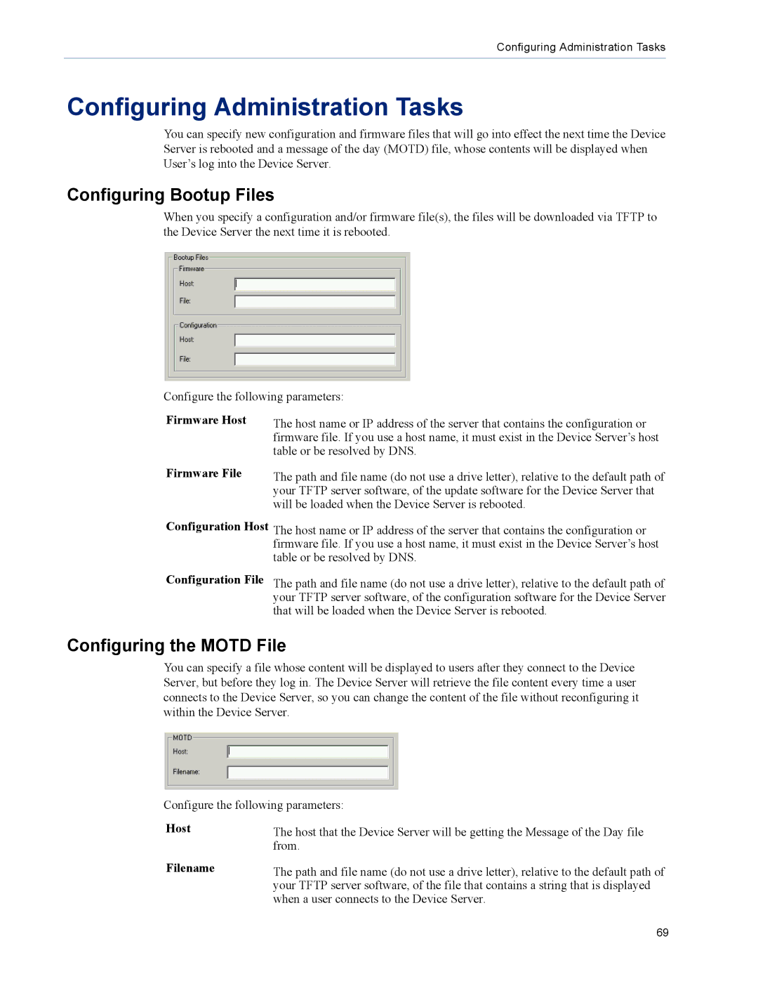 Perle Systems DS1 manual Configuring Administration Tasks, Configuring Bootup Files, Configuring the Motd File 