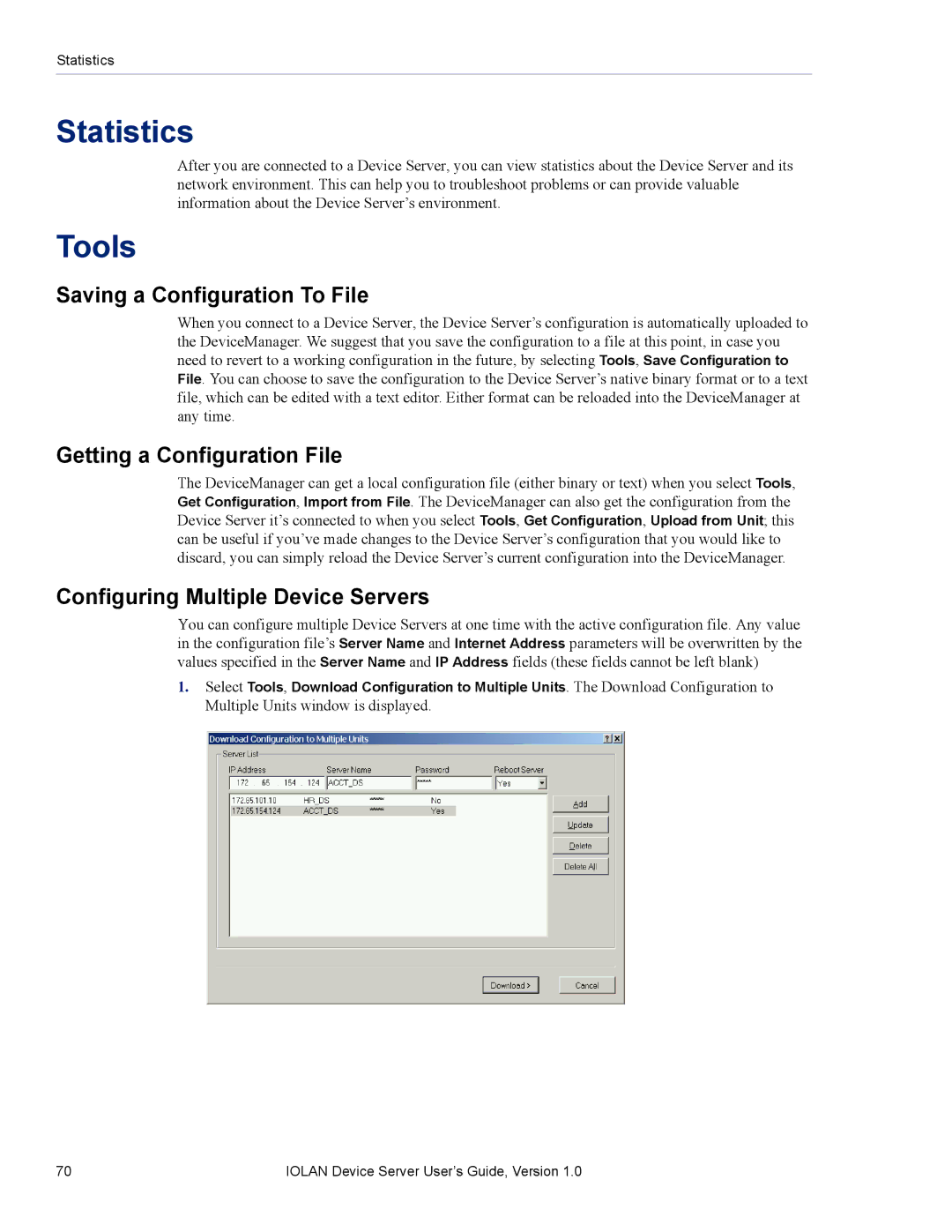 Perle Systems DS1 manual Statistics, Tools, Saving a Configuration To File, Getting a Configuration File 