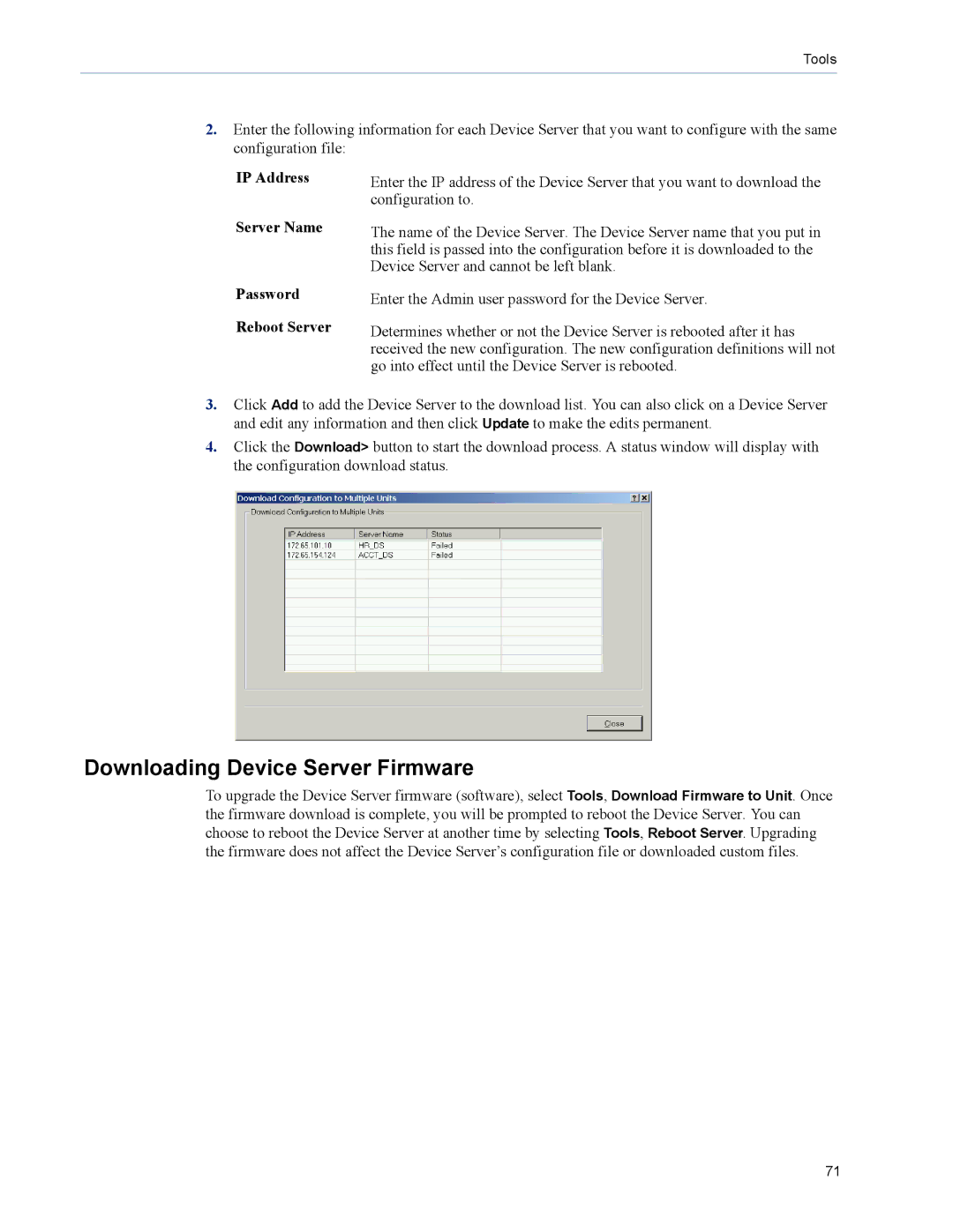 Perle Systems DS1 manual Downloading Device Server Firmware, IP Address, Server Name Password Reboot Server 