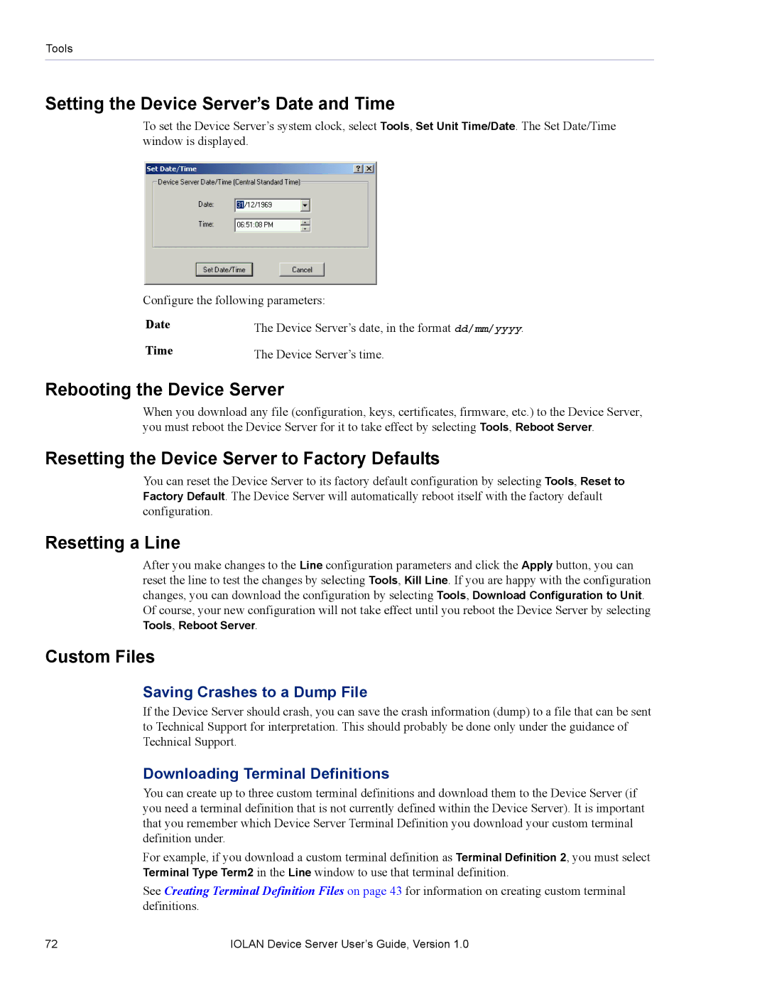 Perle Systems DS1 Setting the Device Server’s Date and Time, Rebooting the Device Server, Resetting a Line, Custom Files 