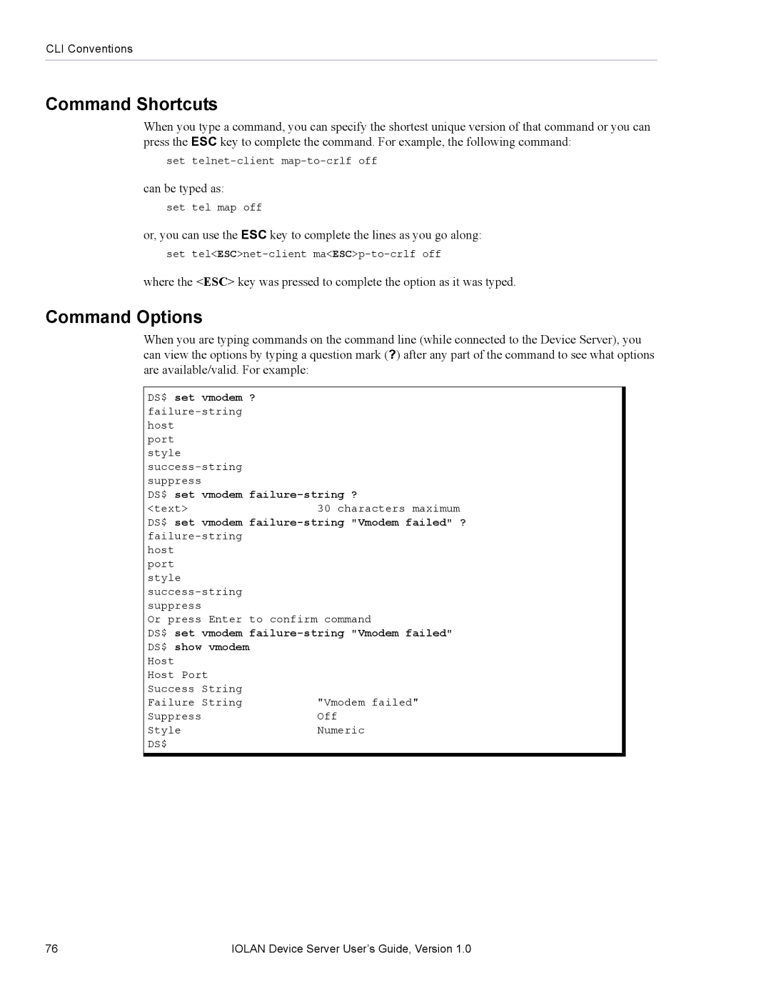 Perle Systems DS1 manual Command Shortcuts, Command Options 