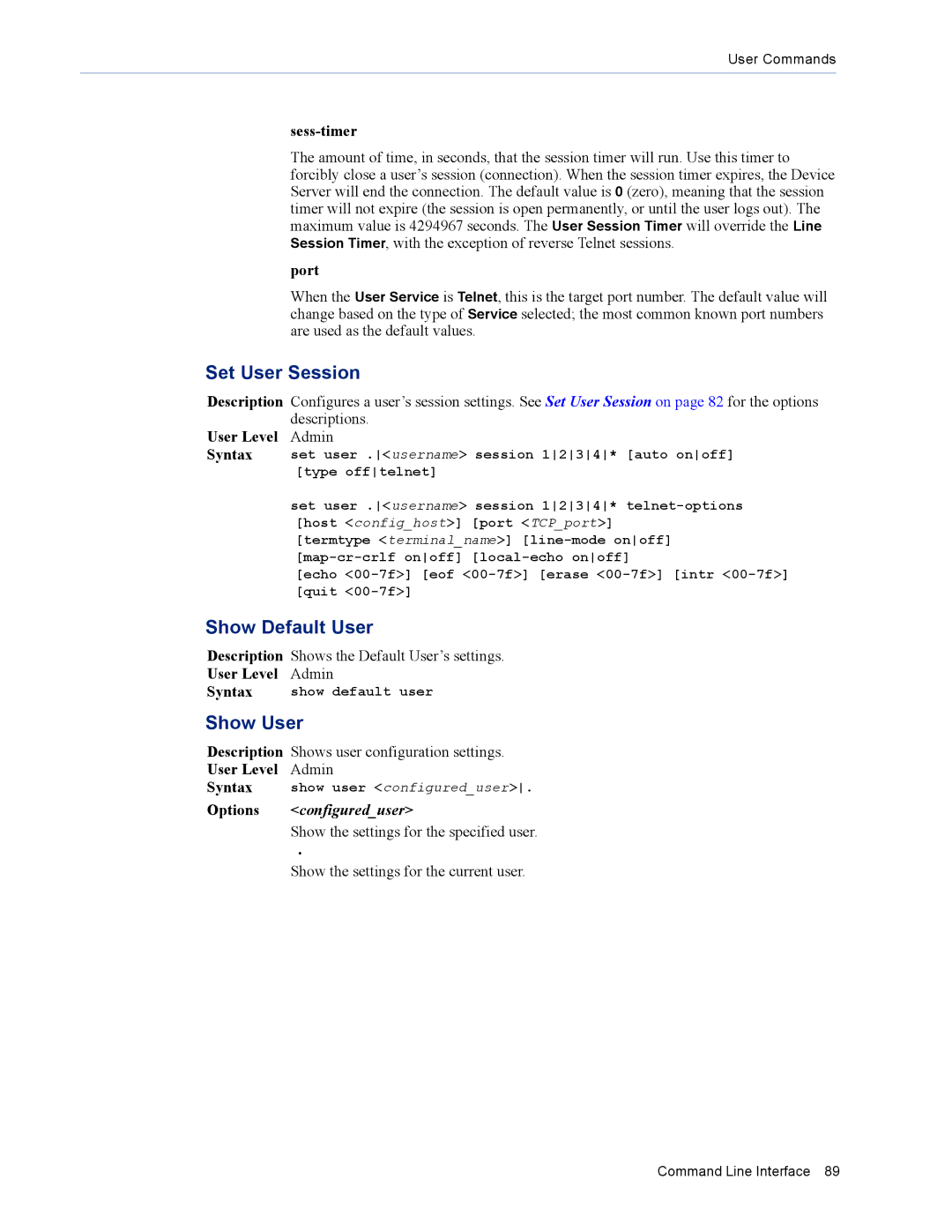 Perle Systems DS1 manual Show Default User, Show User, User Level Admin Syntax, Options configureduser 