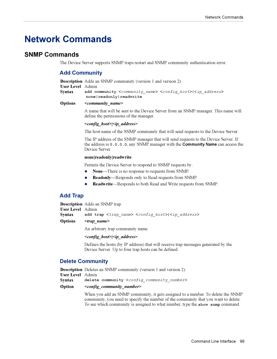 Perle Systems DS1 manual Network Commands, Snmp Commands, Add Community, Add Trap, Delete Community 