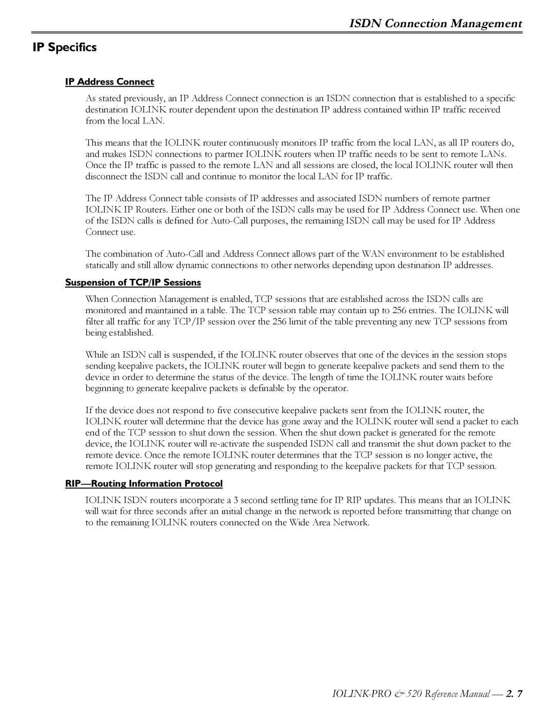 Perle Systems IOLINK-520 IP Specifics, IP Address Connect, Suspension of TCP/IP Sessions, RIP-Routing Information Protocol 