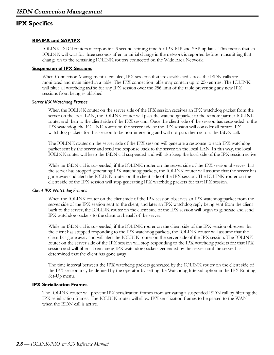 Perle Systems IOLINK-520 manual IPX Specifics, RIP/IPX and SAP/IPX, Suspension of IPX Sessions, IPX Serialization Frames 