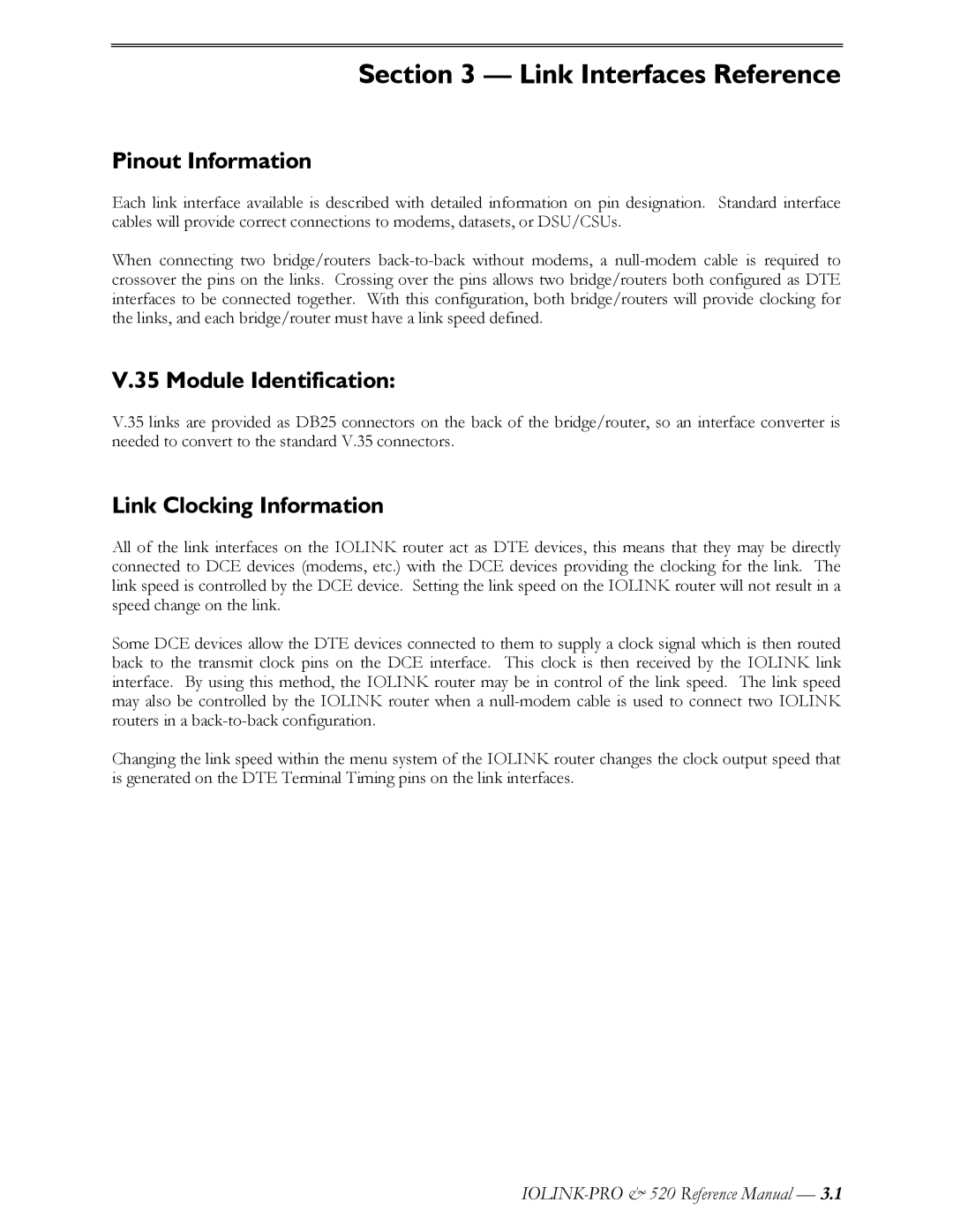 Perle Systems IOLINK-520 manual Pinout Information, Module Identification, Link Clocking Information 