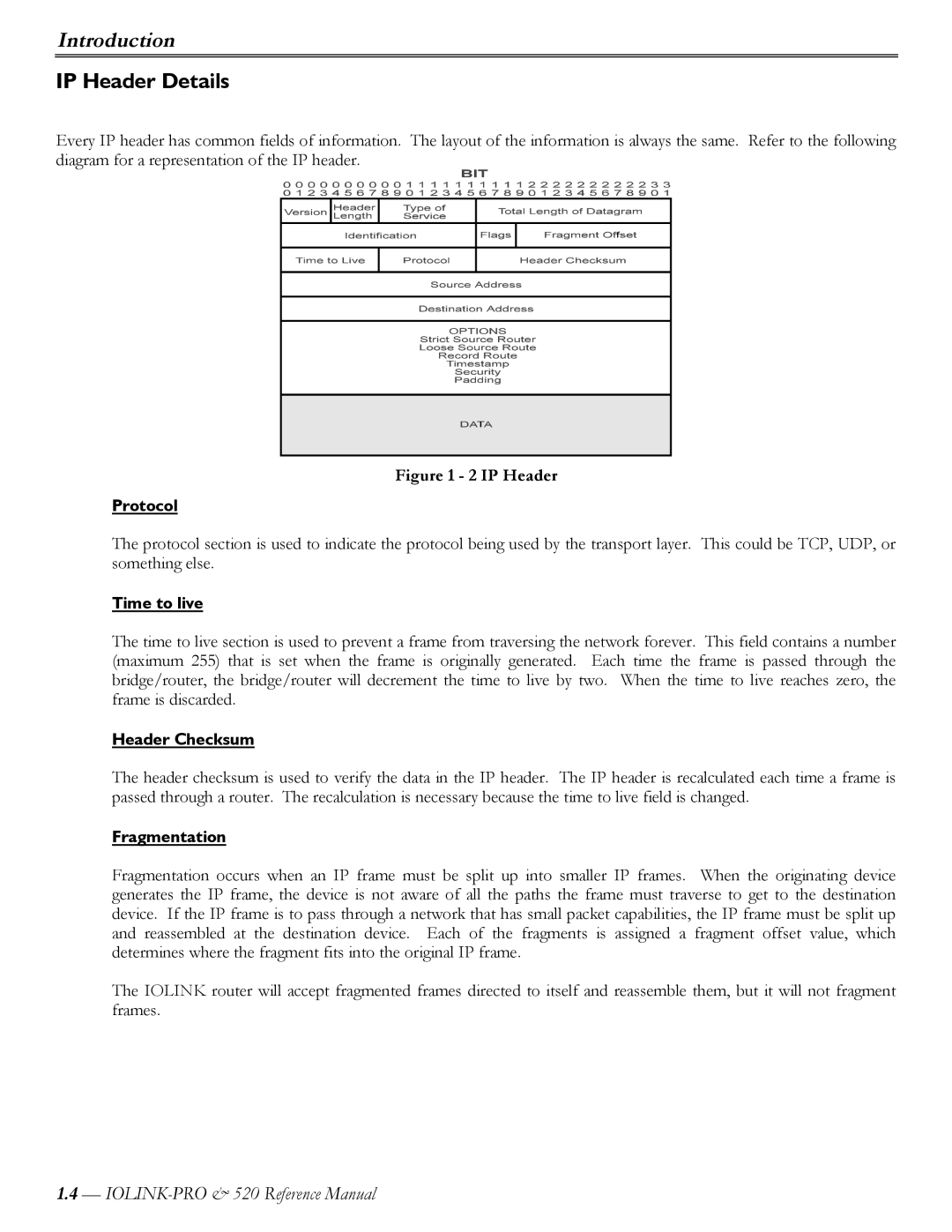 Perle Systems IOLINK-520 manual IP Header Details, Protocol, Time to live, Header Checksum, Fragmentation 