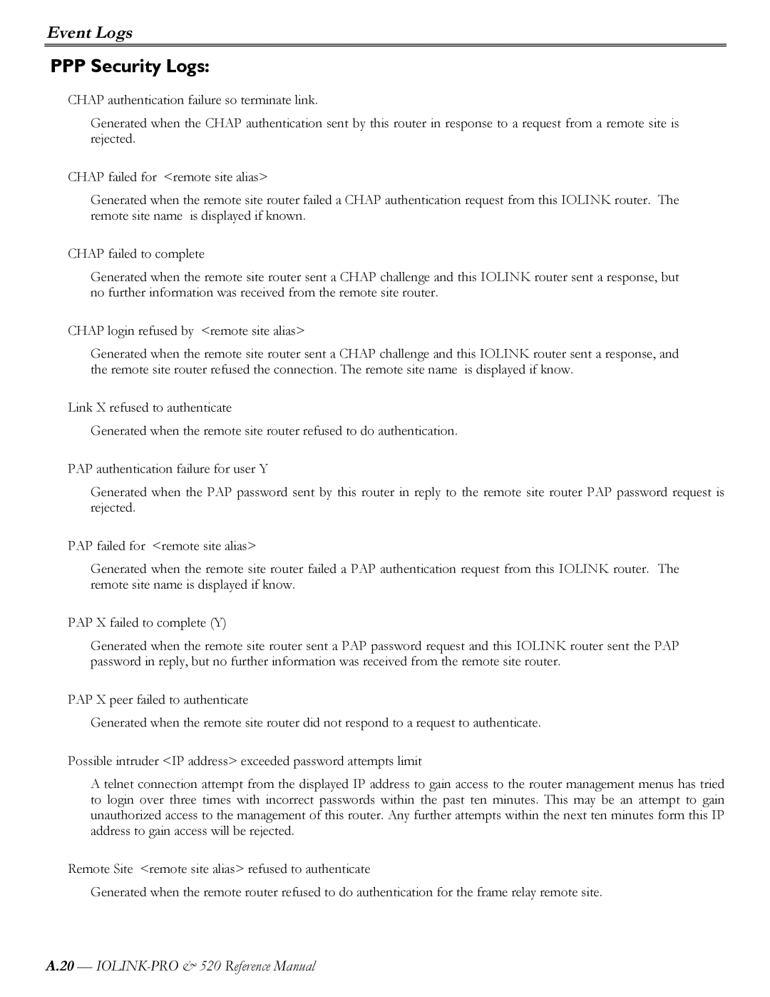 Perle Systems IOLINK-520 manual PPP Security Logs 