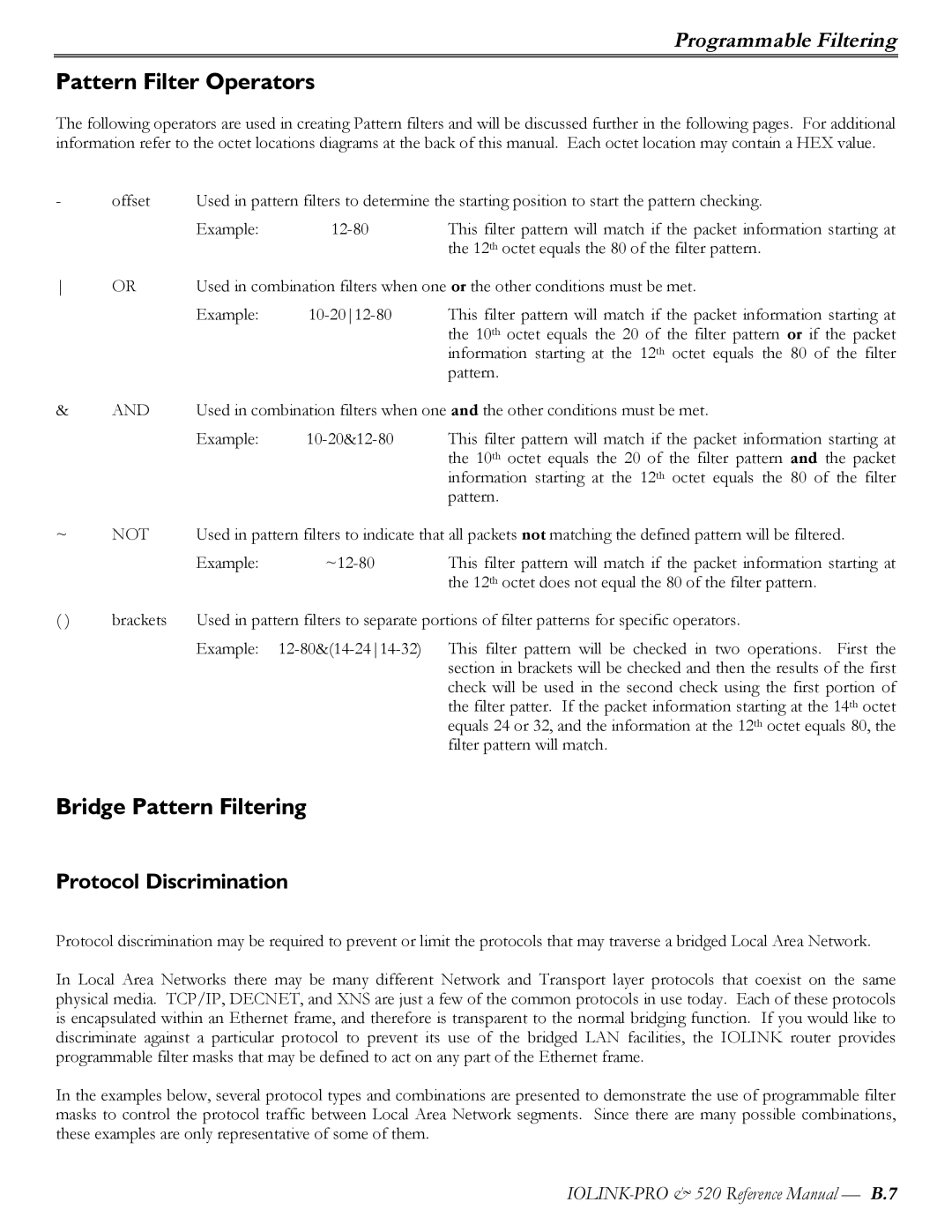 Perle Systems IOLINK-520 manual Pattern Filter Operators, Bridge Pattern Filtering, Protocol Discrimination 