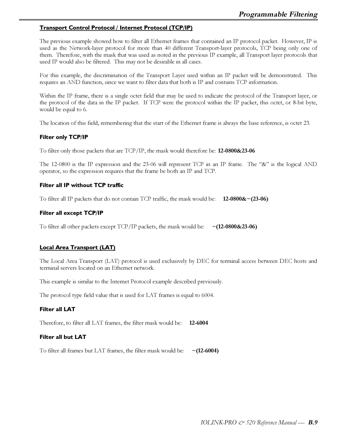 Perle Systems IOLINK-520 manual Transport Control Protocol / Internet Protocol TCP/IP, Filter only TCP/IP, Filter all LAT 