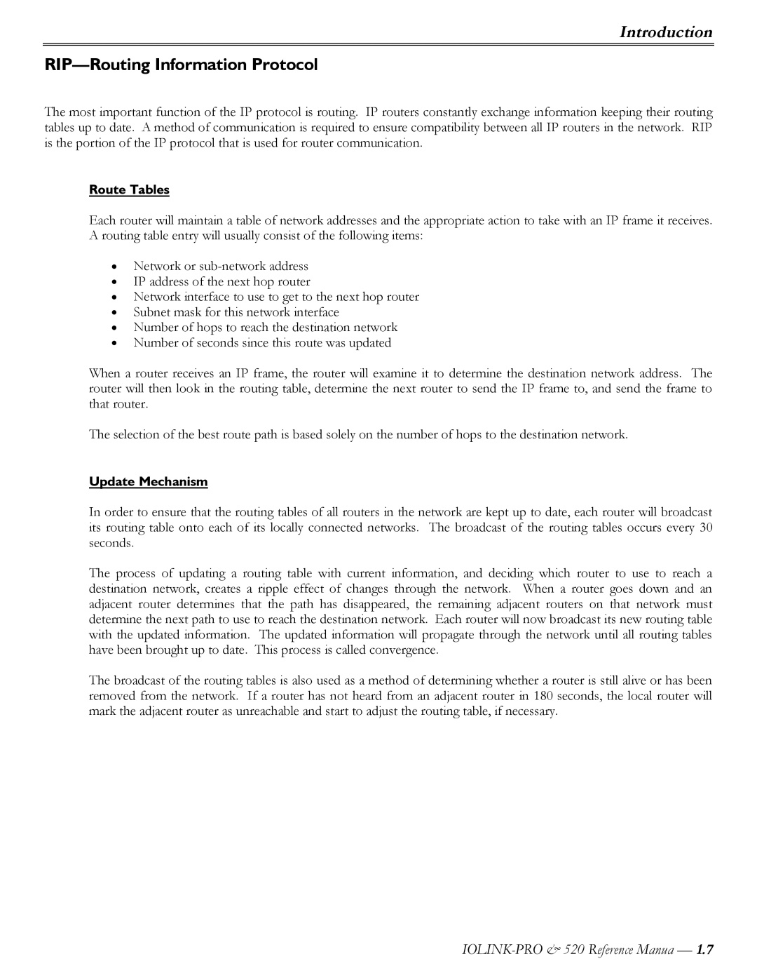 Perle Systems IOLINK-520 manual RIP-Routing Information Protocol, Route Tables, Update Mechanism 