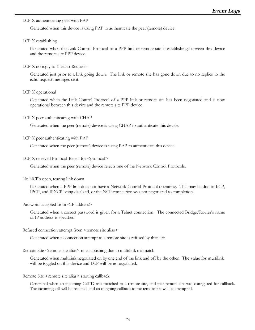 Perle Systems P840 manual Event Logs 