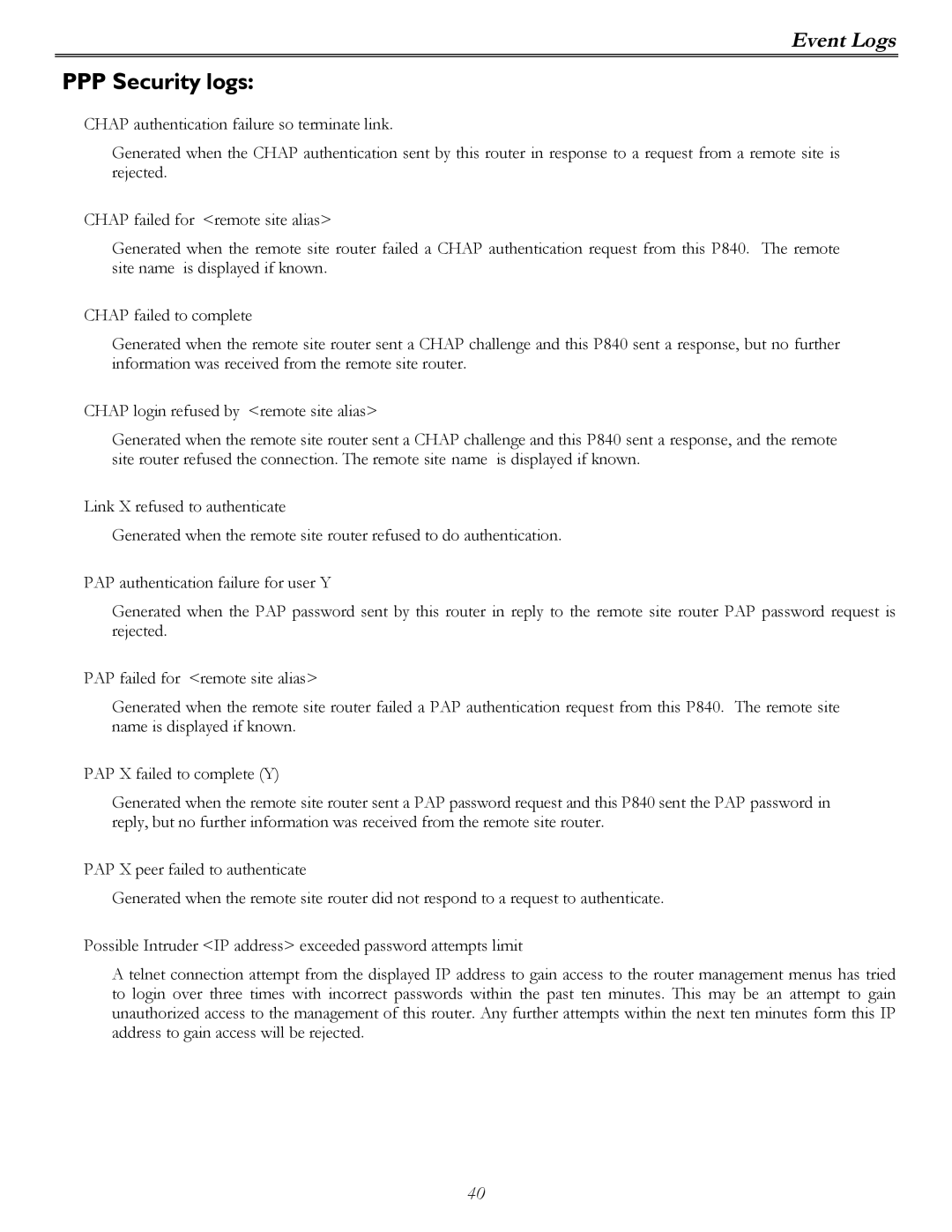 Perle Systems P840 manual PPP Security logs 