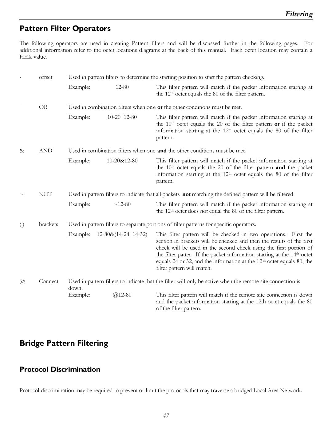 Perle Systems P840 manual Pattern Filter Operators, Bridge Pattern Filtering, Protocol Discrimination 