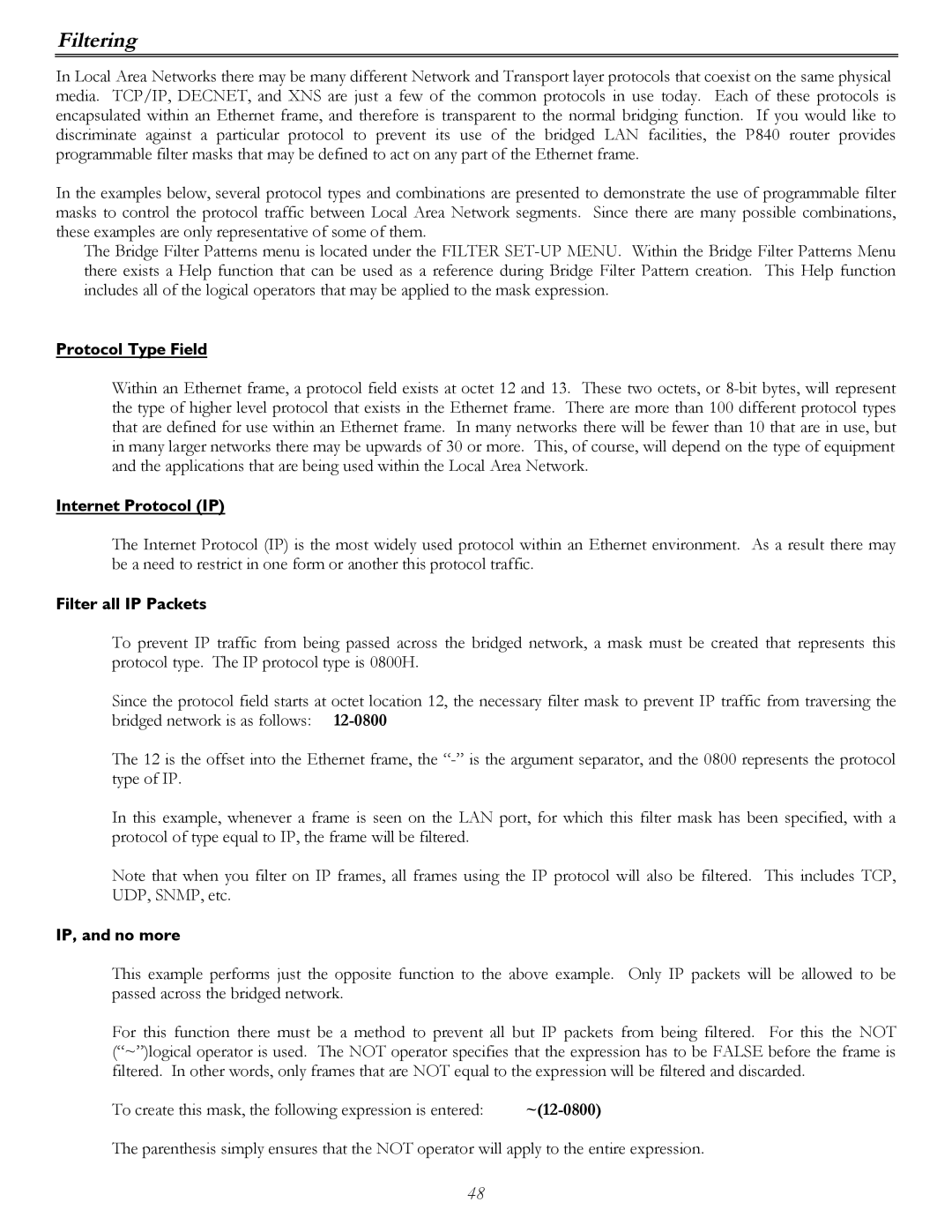 Perle Systems P840 manual Protocol Type Field, Internet Protocol IP, Filter all IP Packets, IP, and no more 