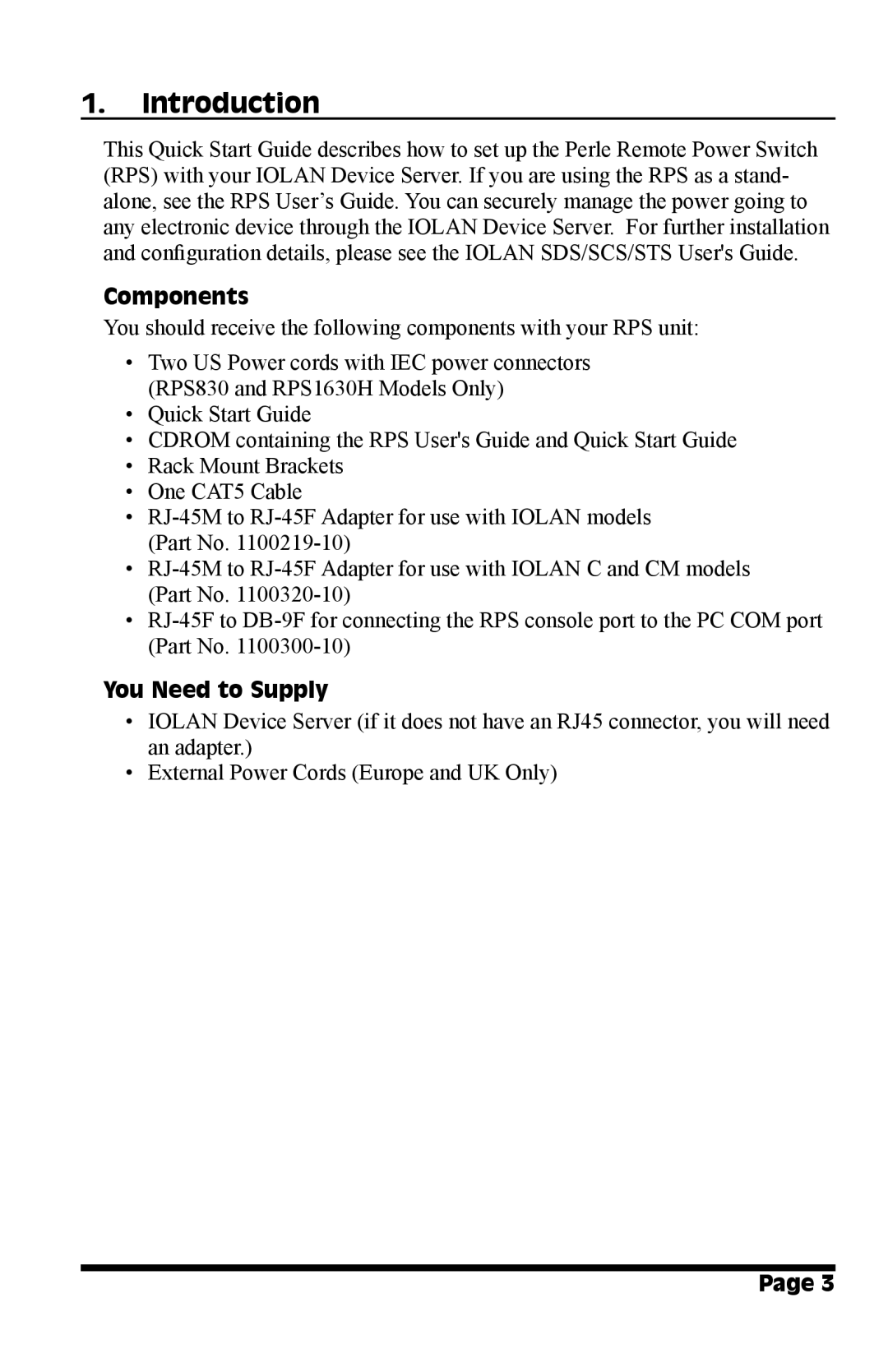 Perle Systems RPS1630H, RPS1620H quick start Introduction, Components, You Need to Supply 