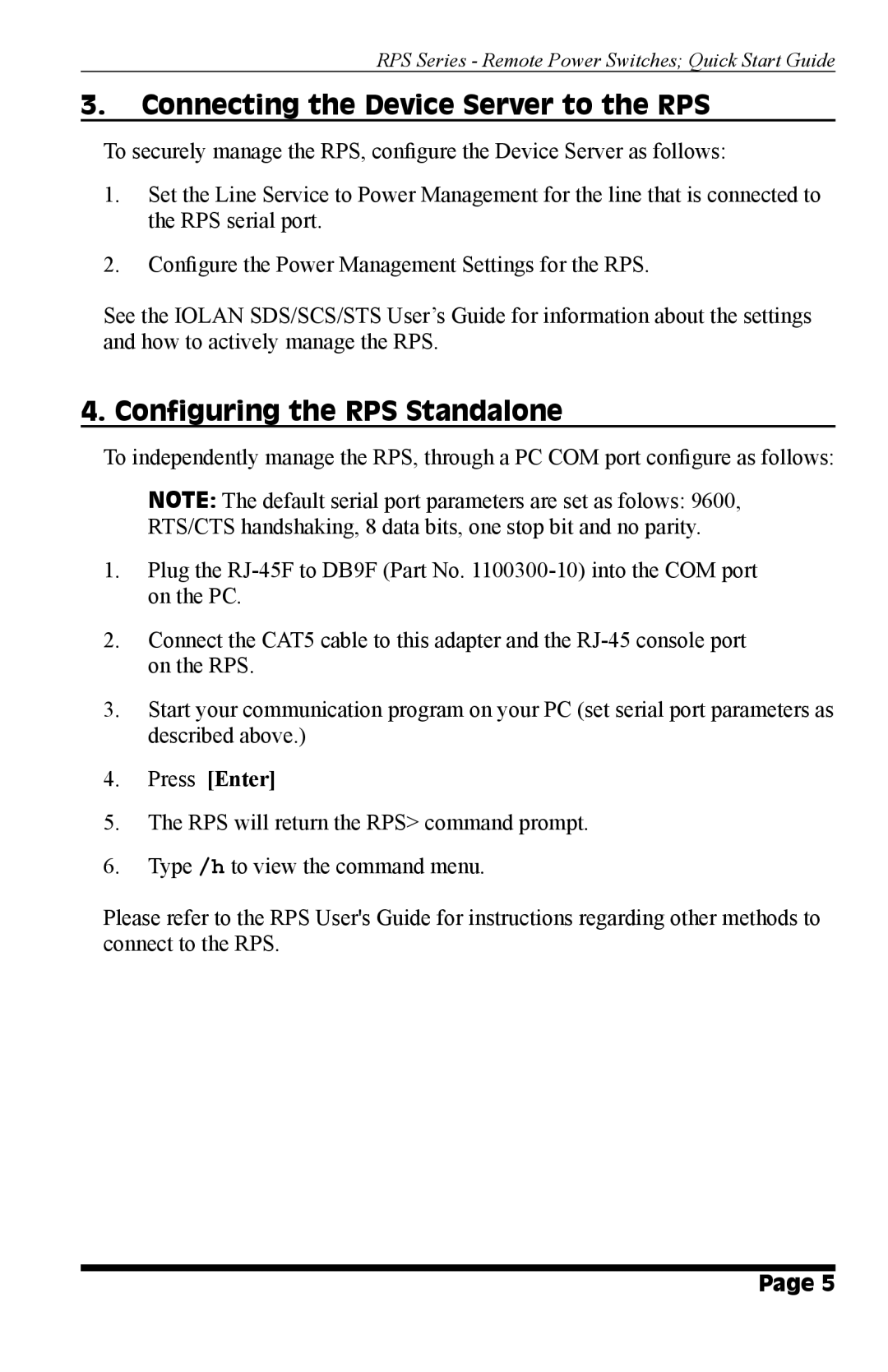 Perle Systems RPS1630H, RPS1620H quick start Connecting the Device Server to the RPS, Configuring the RPS Standalone 