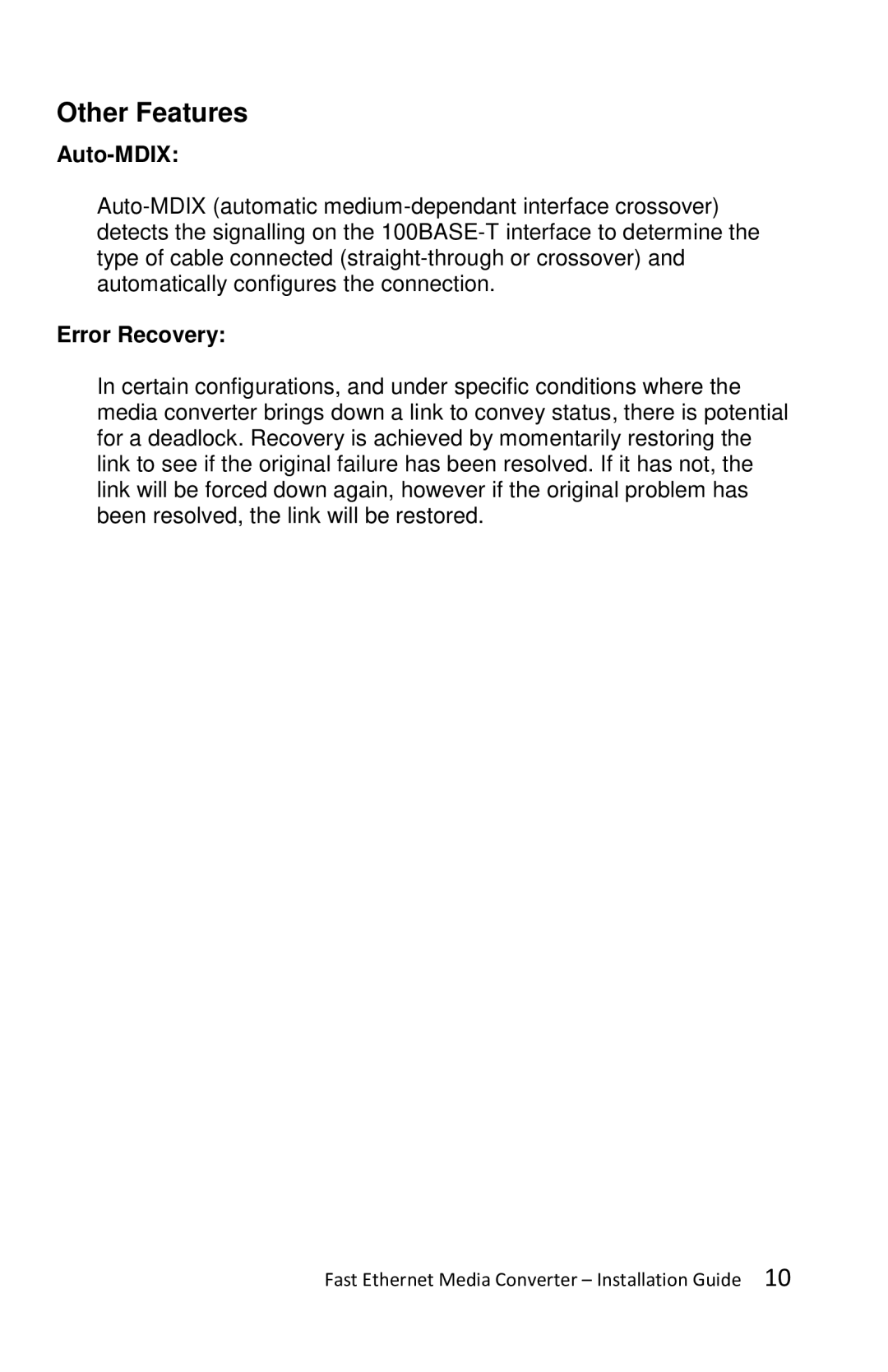 Perle Systems S-100-XXXXX manual Auto-MDIX, Error Recovery 