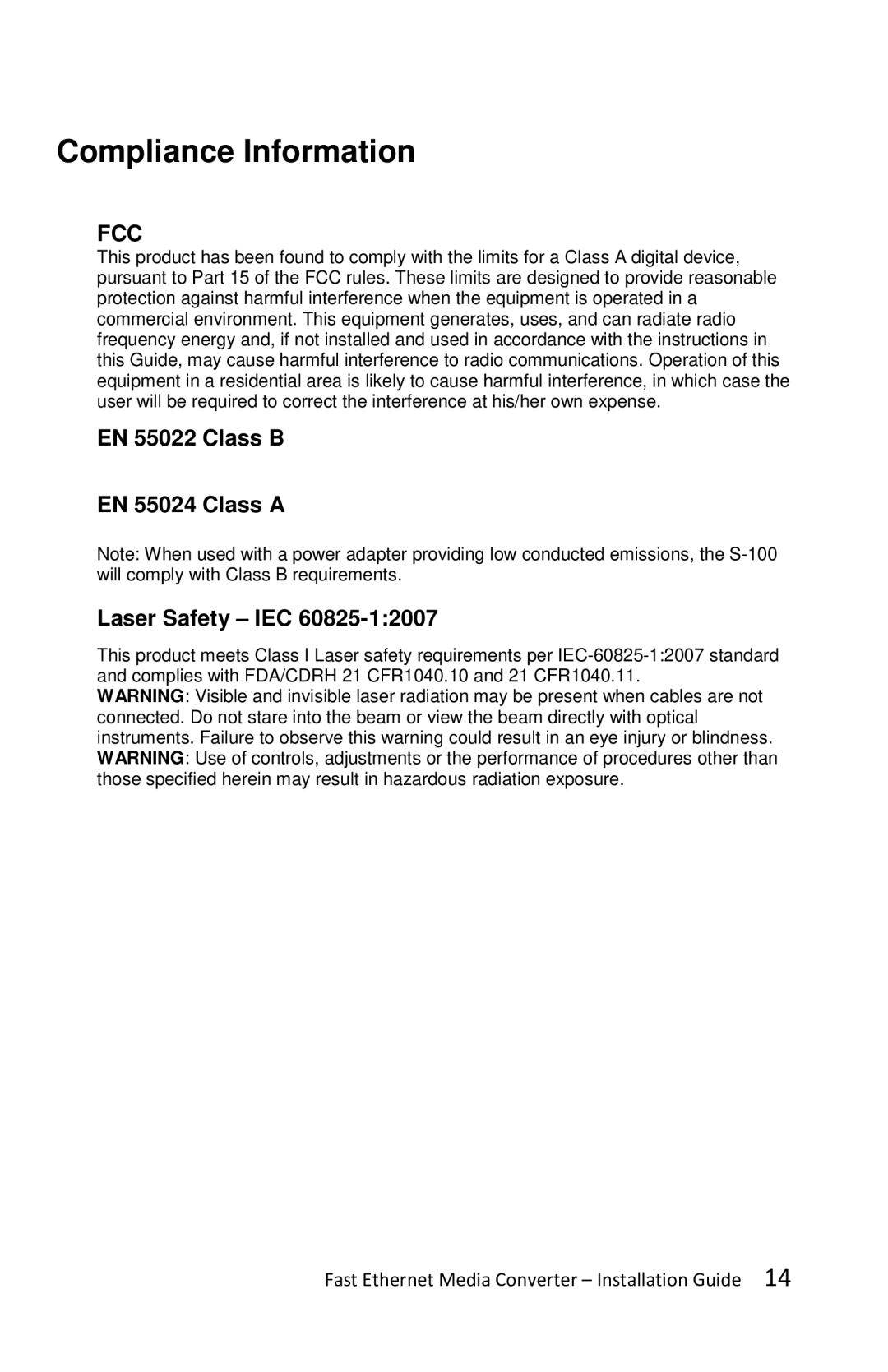 Perle Systems S-100-XXXXX manual Compliance Information, EN 55022 Class B EN 55024 Class a Laser Safety IEC 