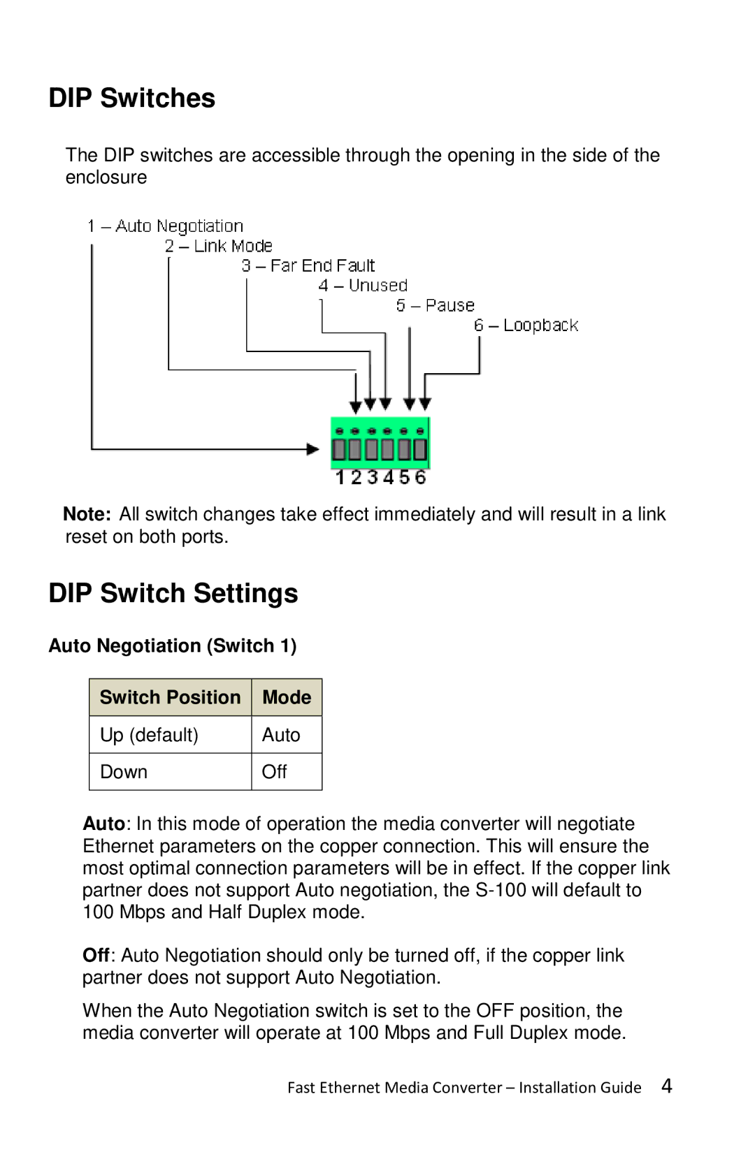 Perle Systems S-100-XXXXX manual DIP Switches, DIP Switch Settings, Auto Negotiation Switch Switch Position Mode 