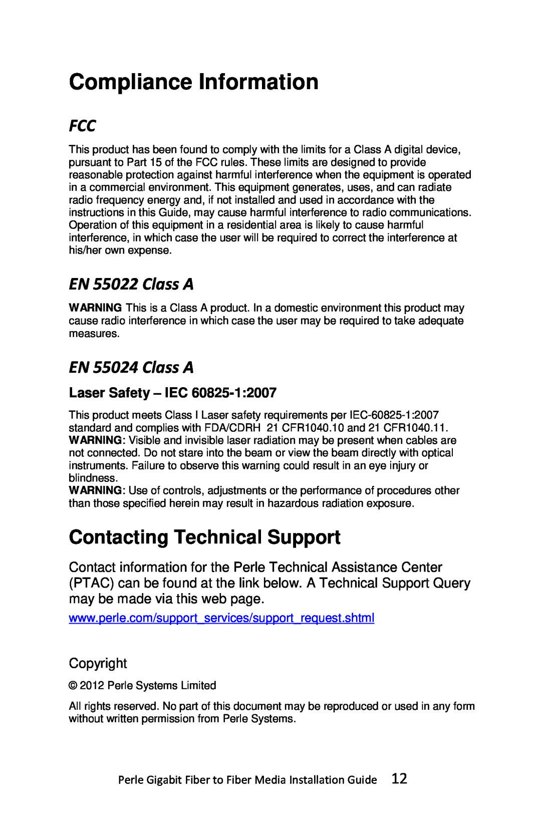 Perle Systems S-1000MM-XXXXXX Compliance Information, Contacting Technical Support, Laser Safety - IEC, EN 55022 Class A 