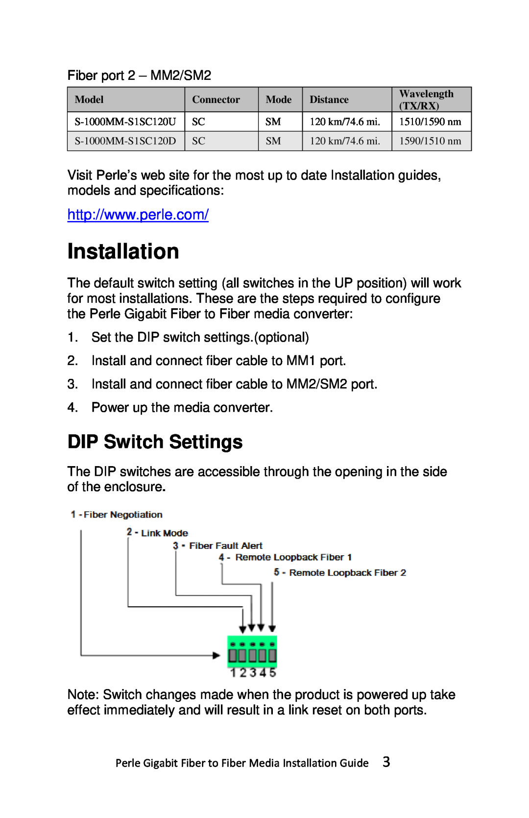 Perle Systems S-1000MM-XXXXXX manual Installation, DIP Switch Settings 