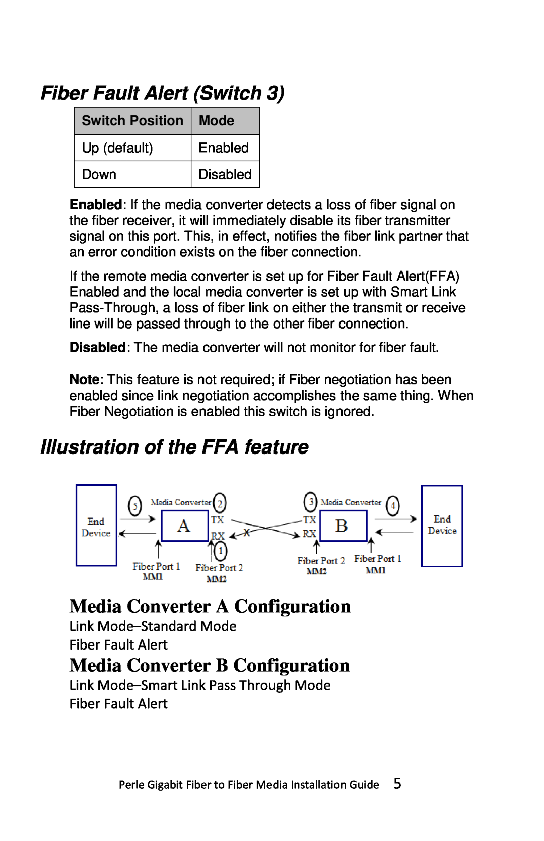 Perle Systems S-1000MM-XXXXXX Fiber Fault Alert Switch, Illustration of the FFA feature, Media Converter A Configuration 