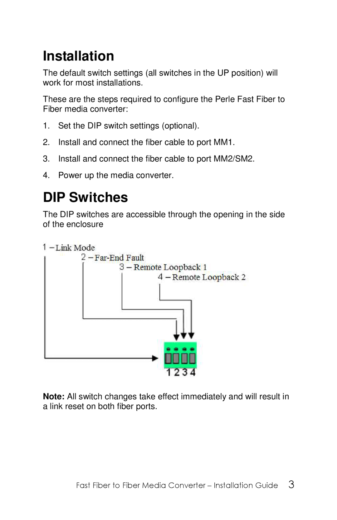 Perle Systems S-100MM-XXXXX manual Installation, DIP Switches 