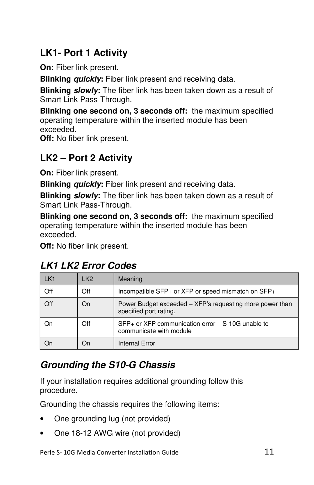 Perle Systems S-10G-XTSH, S-10G-STS, S-10G-XTXH manual LK1 LK2 Error Codes, Grounding the S10-G Chassis 