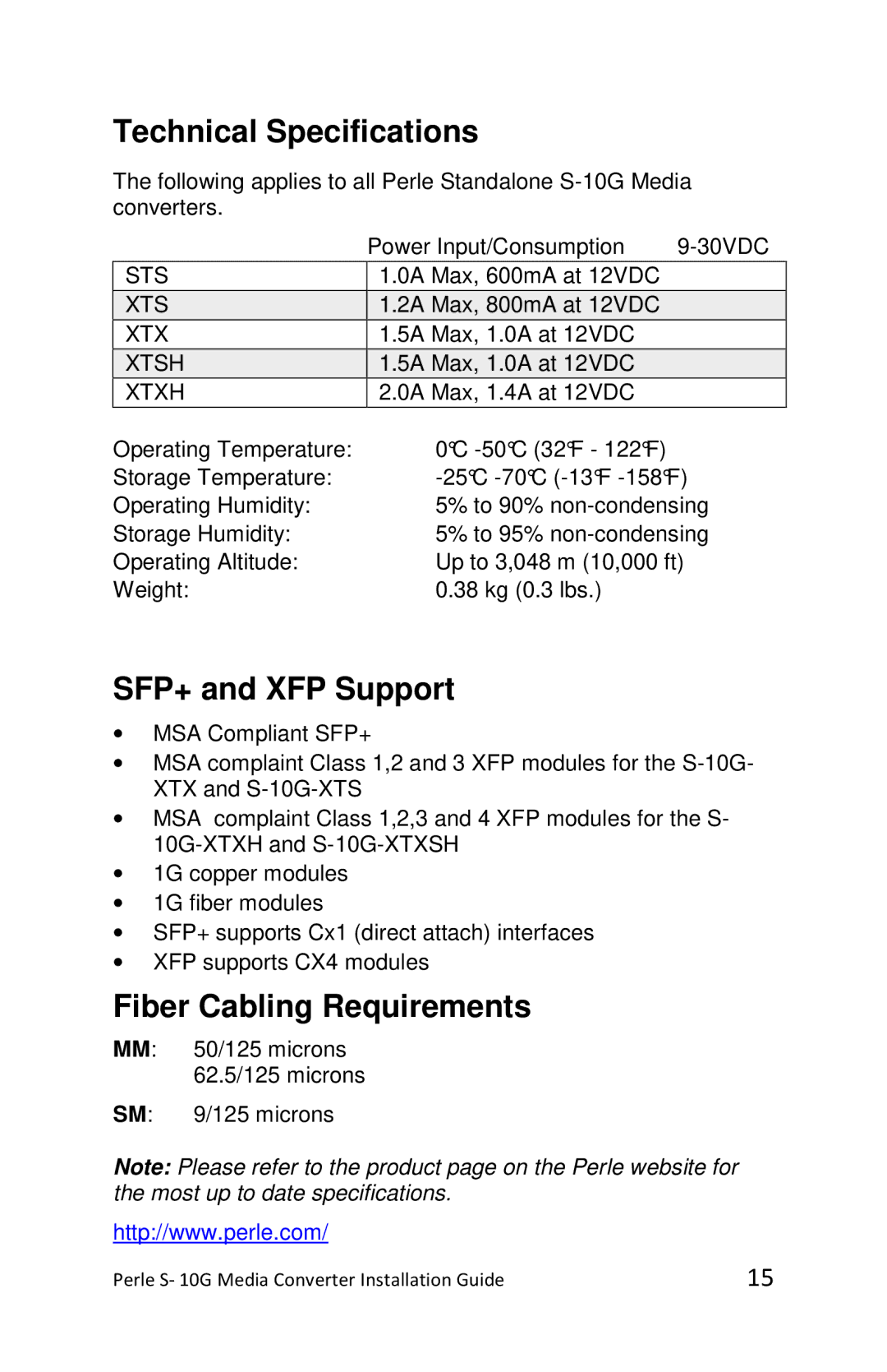 Perle Systems S-10G-XTSH, S-10G-STS, S-10G-XTXH manual Technical Specifications 