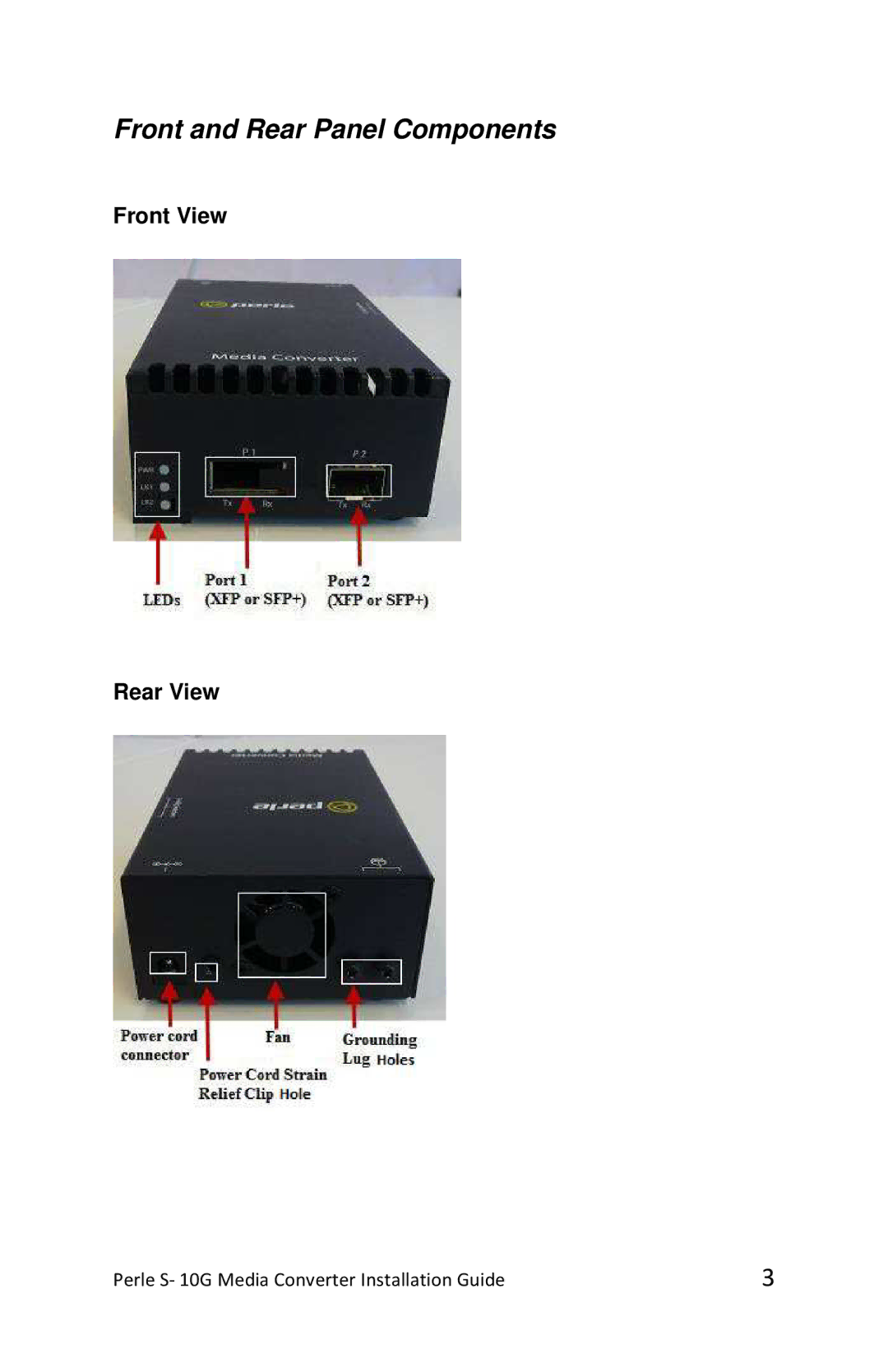 Perle Systems S-10G-STS, S-10G-XTSH, S-10G-XTXH manual Front and Rear Panel Components 