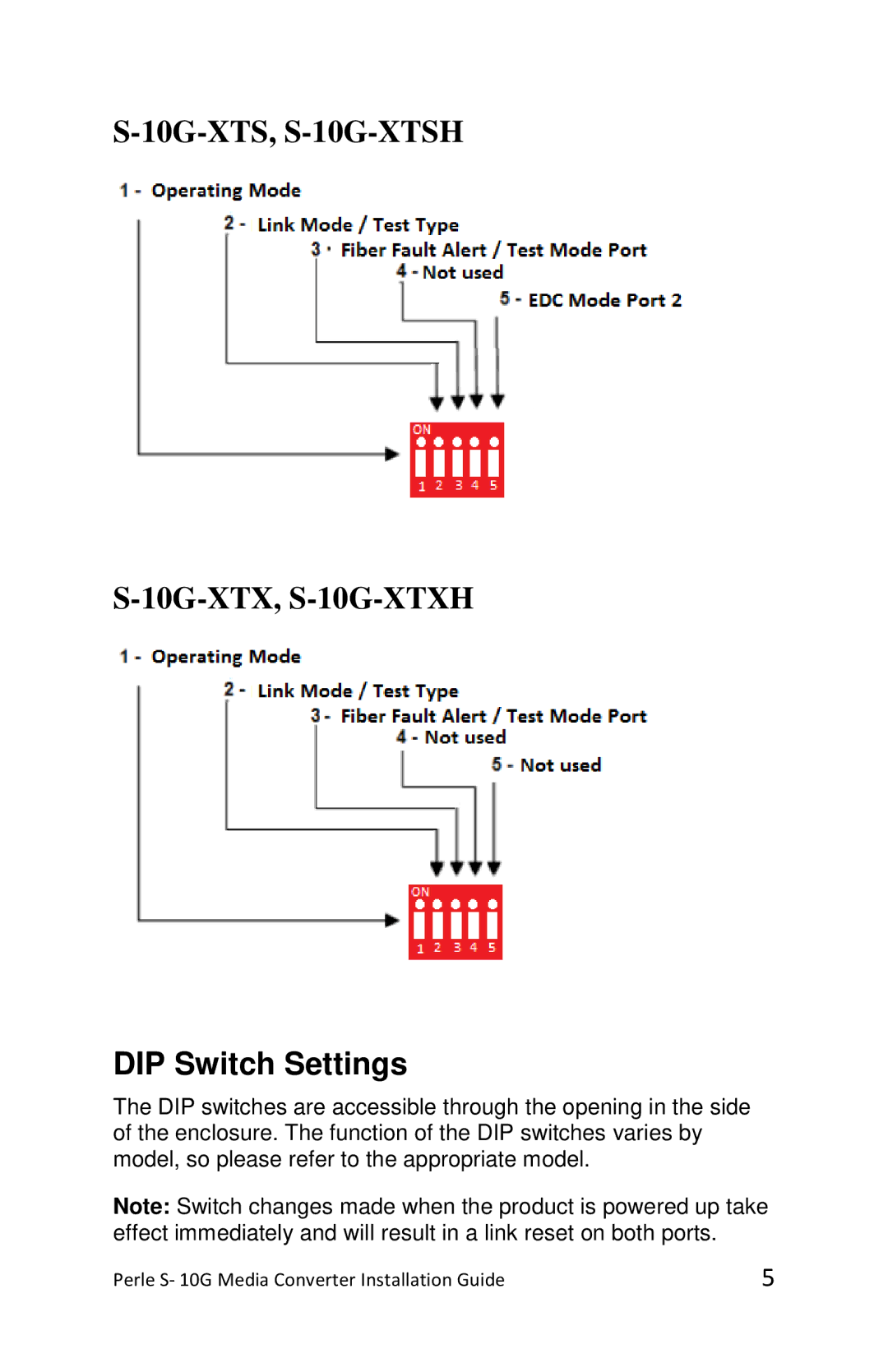 Perle Systems S-10G-XTSH, S-10G-STS, S-10G-XTXH manual DIP Switch Settings 