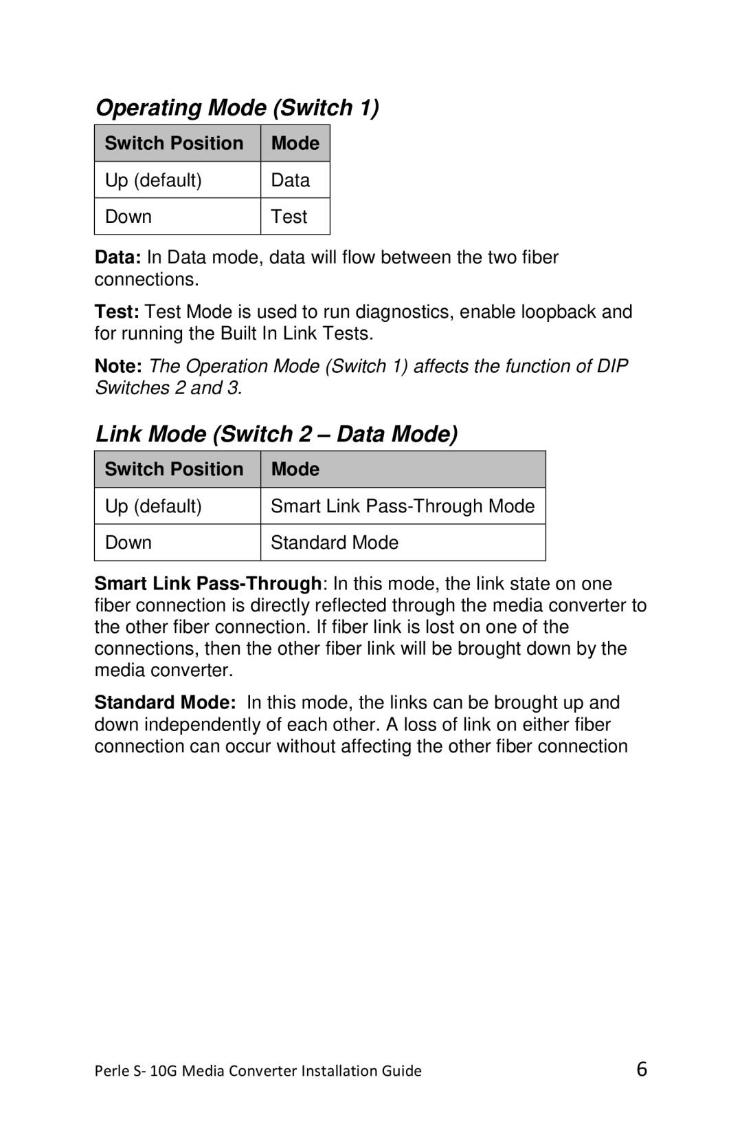 Perle Systems S-10G-XTSH, S-10G-STS, S-10G-XTXH manual Operating Mode Switch, Link Mode Switch 2 Data Mode 