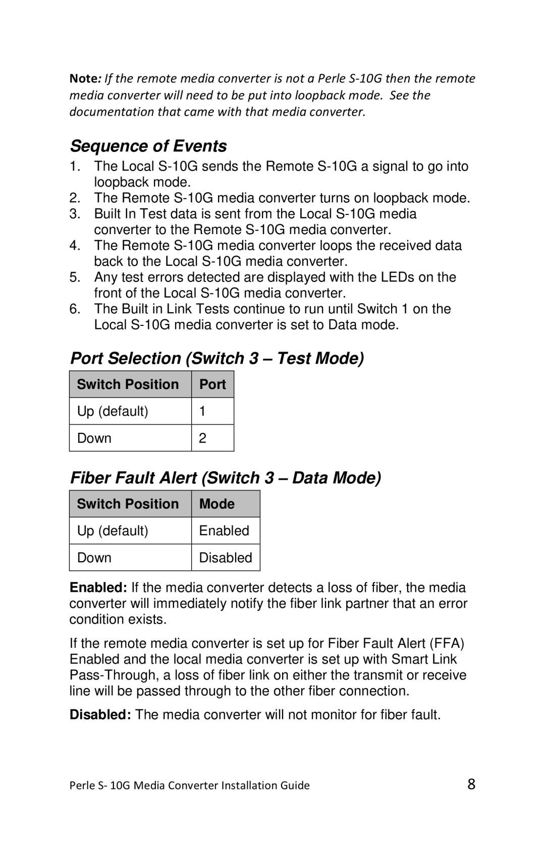 Perle Systems S-10G-STS manual Sequence of Events, Port Selection Switch 3 Test Mode, Fiber Fault Alert Switch 3 Data Mode 