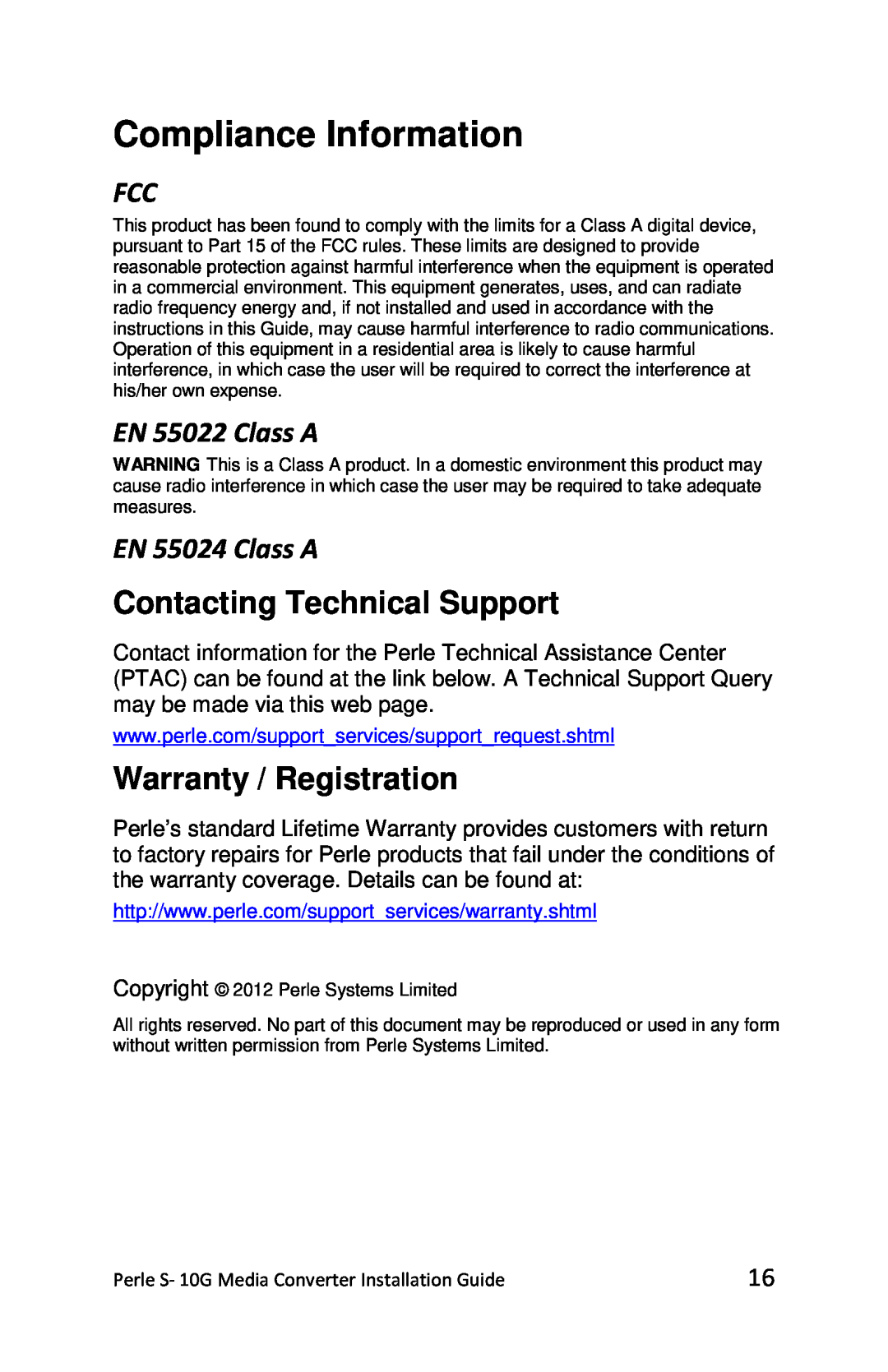 Perle Systems S-10G-XTX Compliance Information, Contacting Technical Support, Warranty / Registration, EN 55022 Class A 