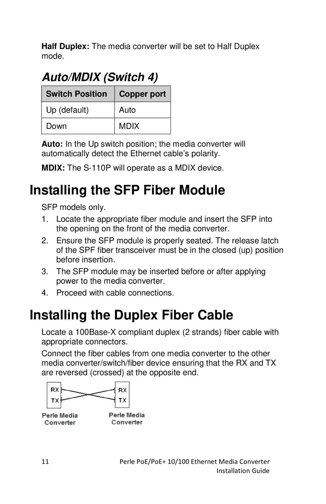 Perle Systems S-110PP-SFP, S-110P-SFP Installing the SFP Fiber Module, Installing the Duplex Fiber Cable, Auto/MDIX Switch 