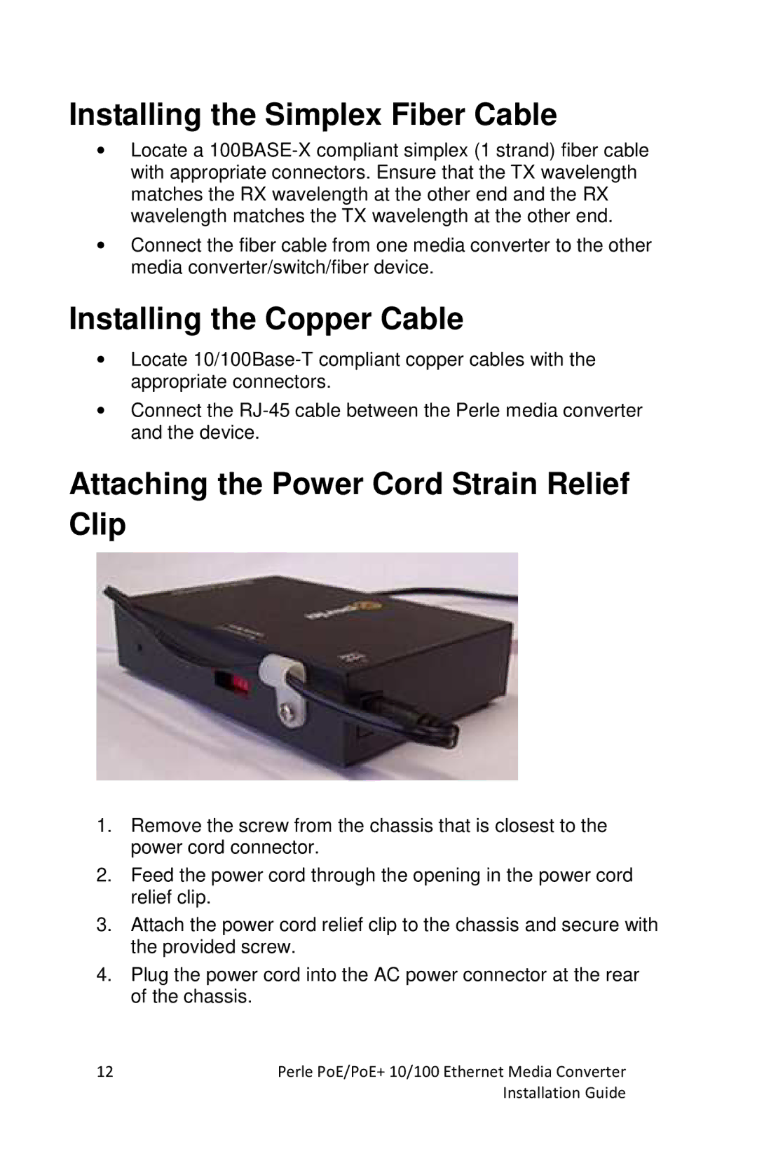 Perle Systems S-110P-SFP, S-110PP-SFP manual Installing the Simplex Fiber Cable, Installing the Copper Cable 