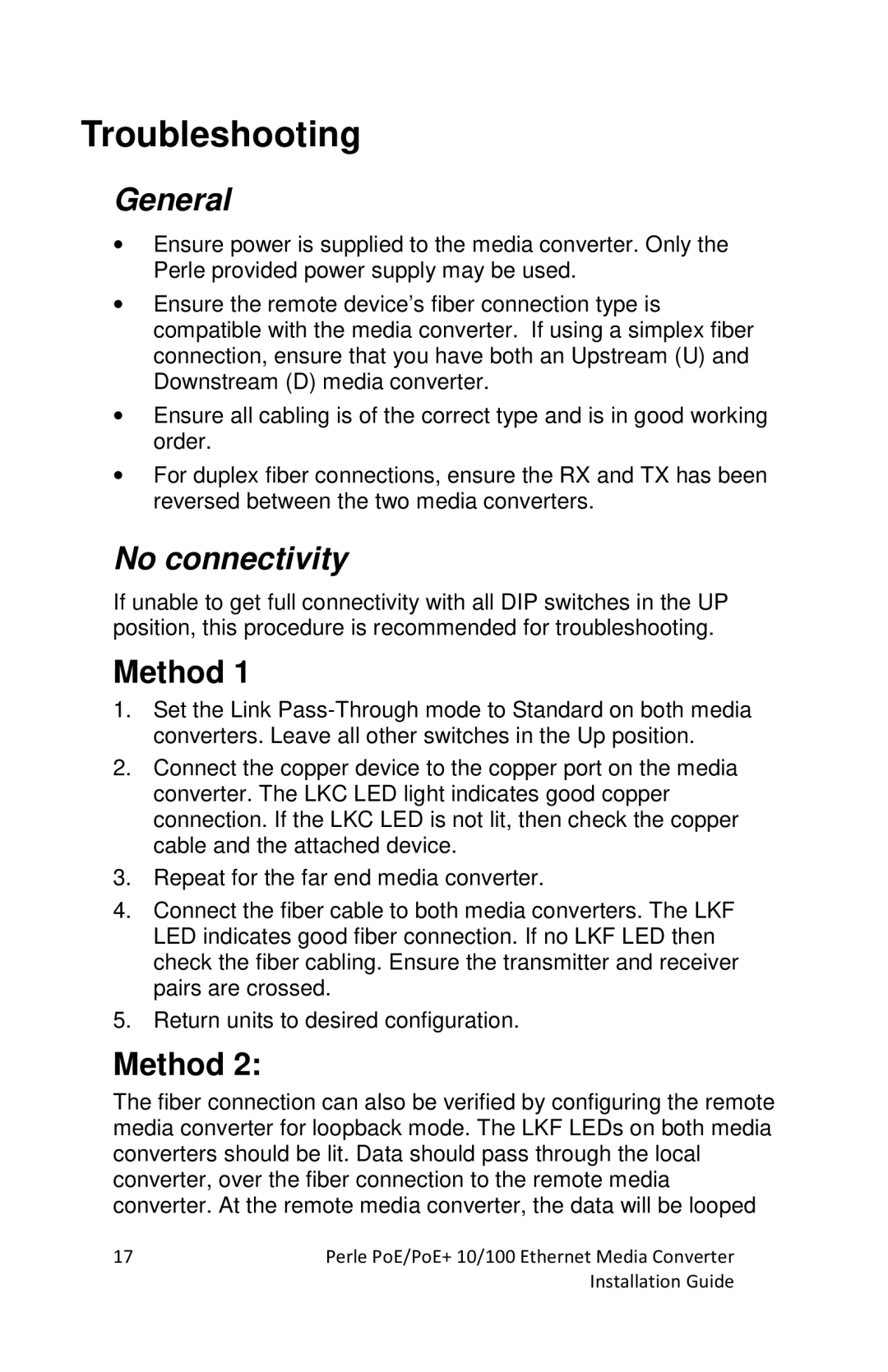 Perle Systems S-110P-SFP, S-110PP-SFP manual Troubleshooting, General, No connectivity, Method 